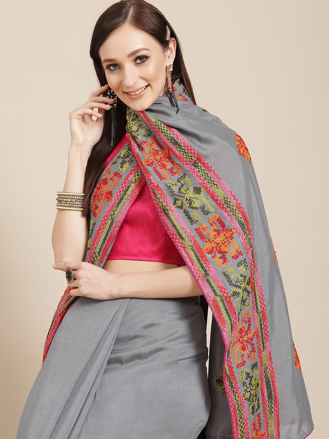 

KALINI Grey & Orange Ethnic Motifs Embroidered Saree