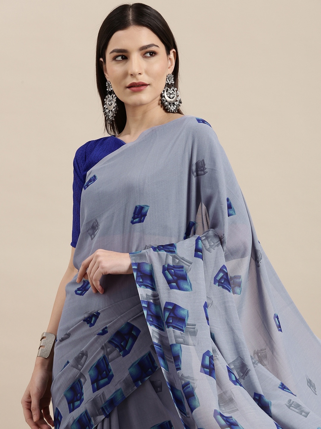 

KALINI Grey & Blue Printed Saree