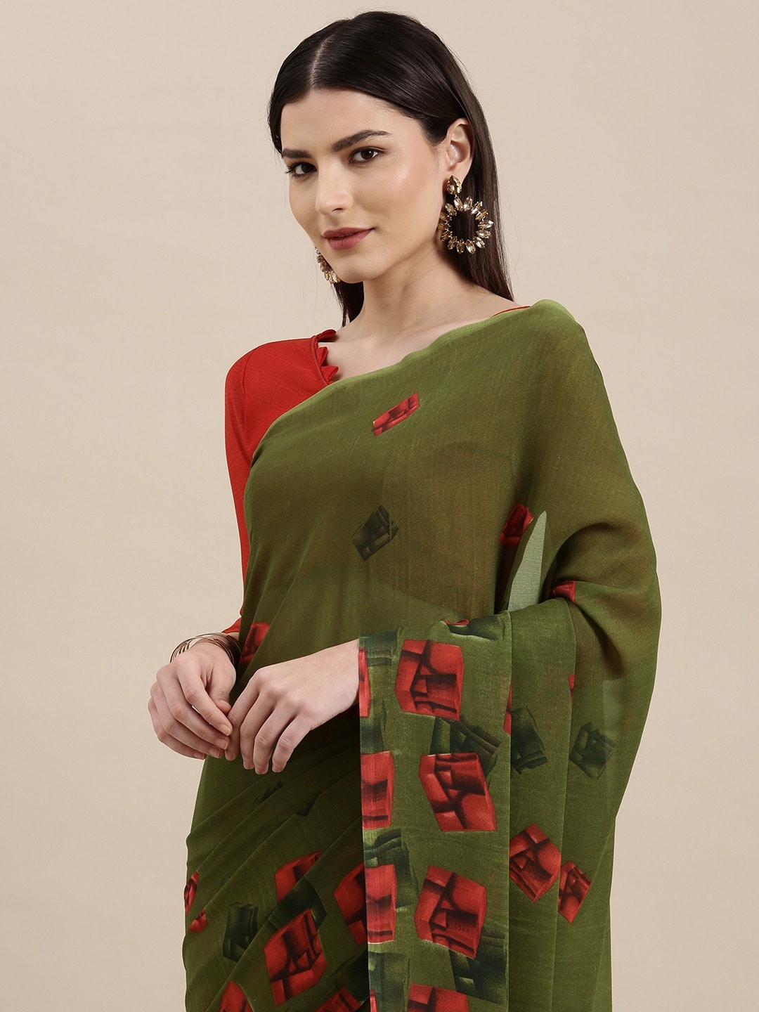 

KALINI Olive Green & Maroon Printed Saree