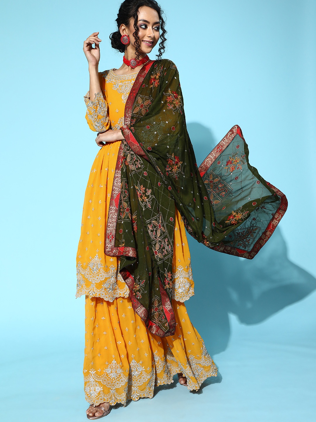 

Ishin Ethnic Motifs Poly-Georgette Short Kurti with Sharara, Mustard