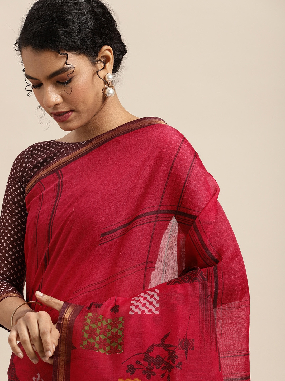

KALINI Red & Maroon Floral Zari Saree