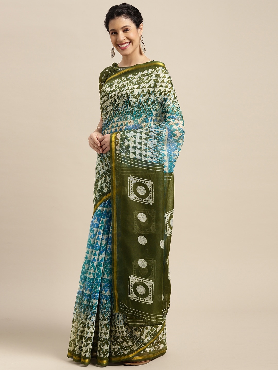 

KALINI Olive Green & Blue Geometric Printed Saree