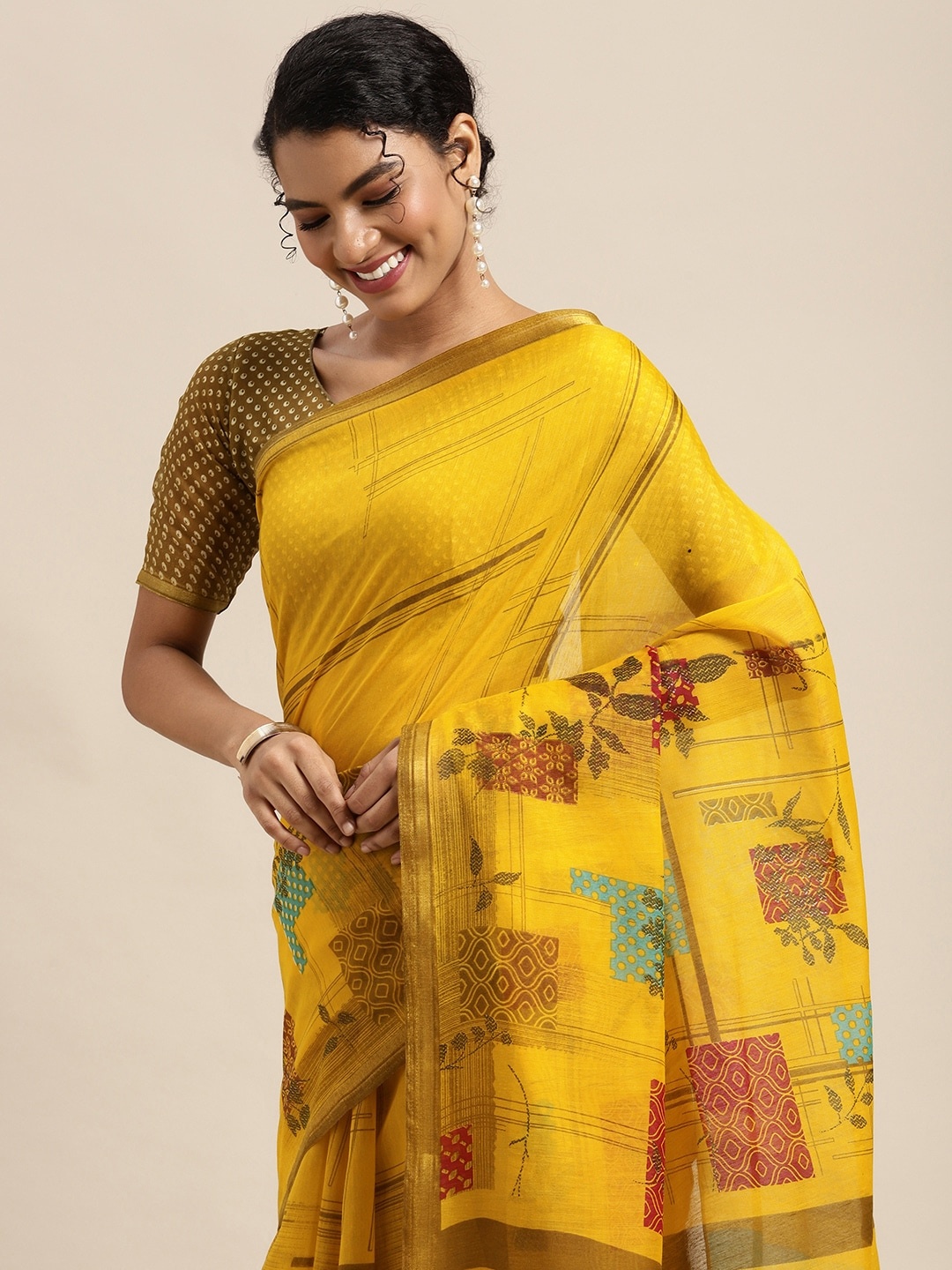 

KALINI Mustard & Red Floral Zari Saree