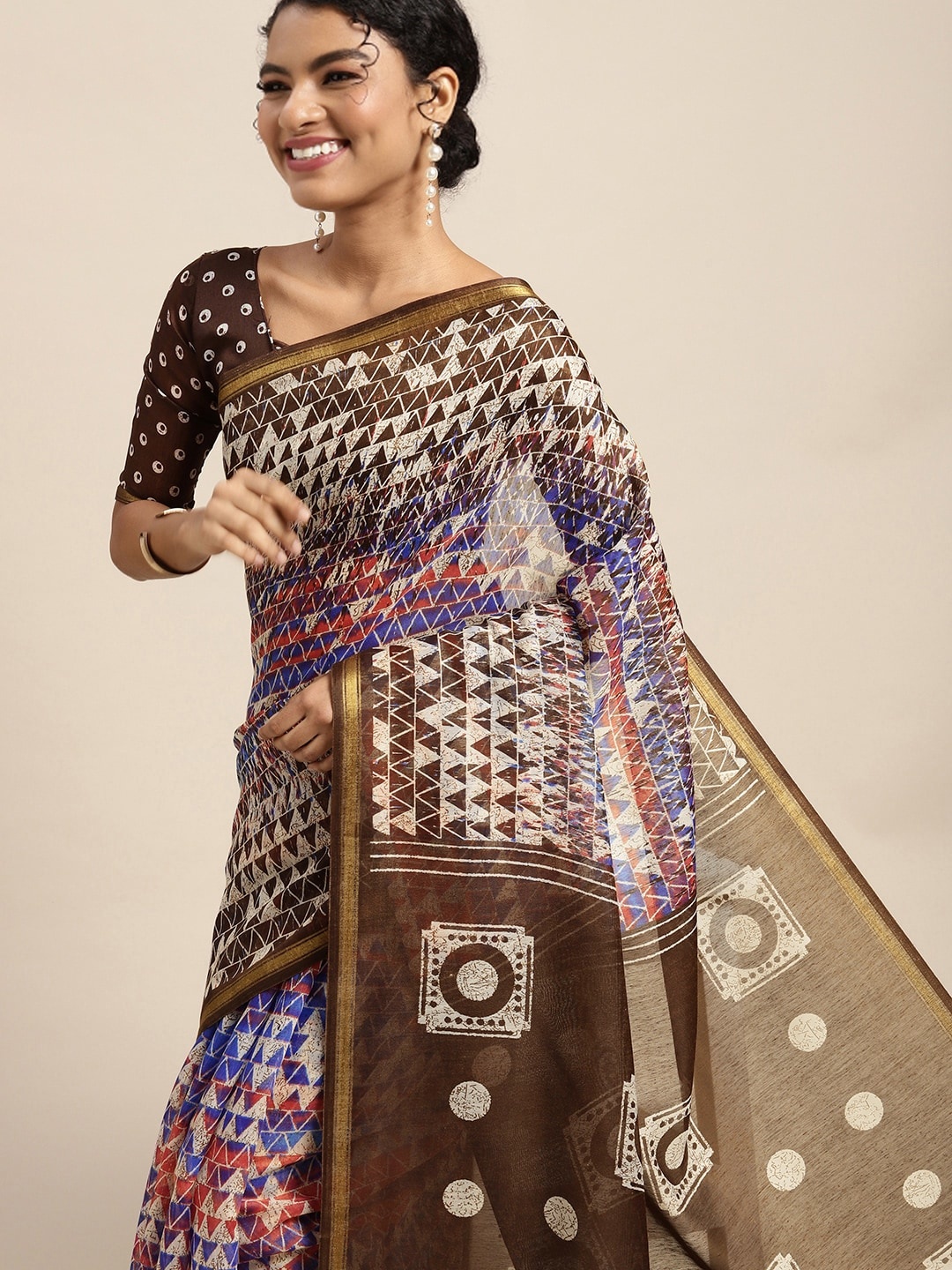 

KALINI Brown & Blue Geometric Printed Zari Saree