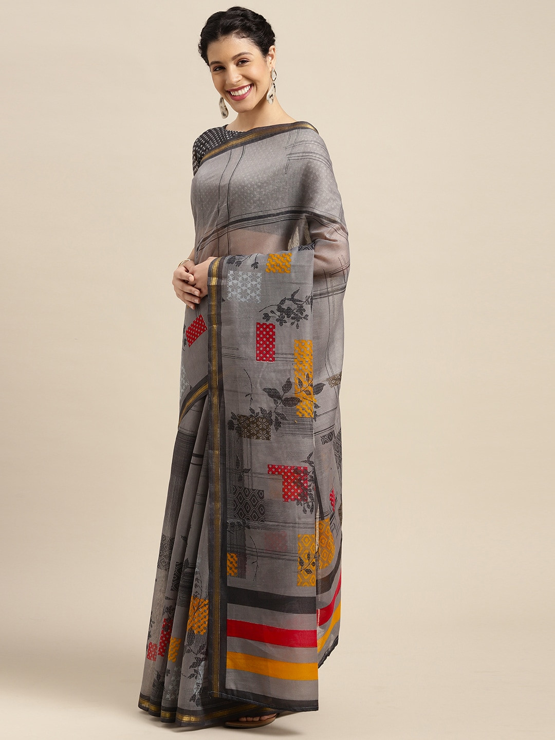 

KALINI Grey & Red Floral Saree