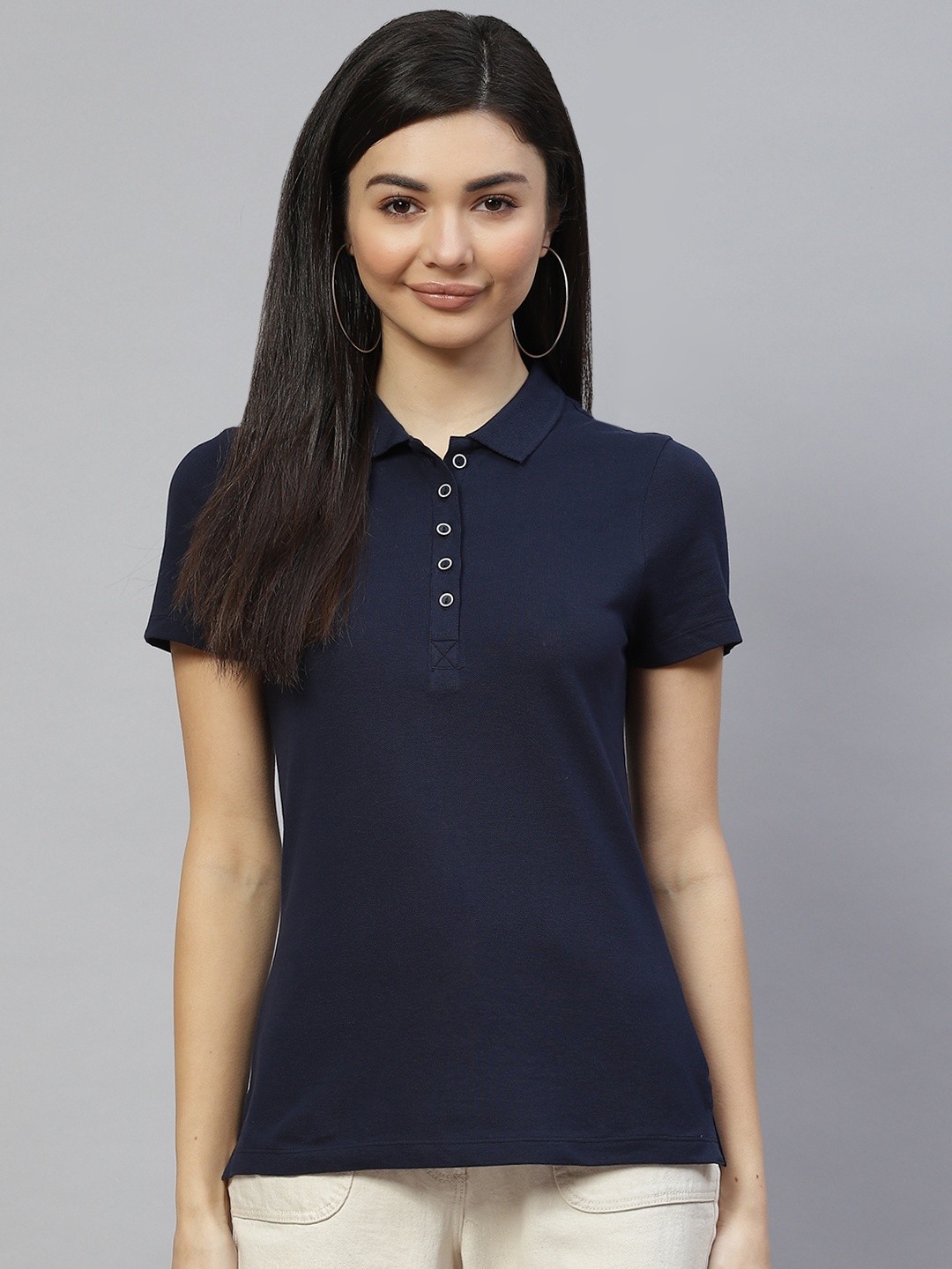 

Marks & Spencer Women Navy Blue Polo Collar Pure Cotton T-shirt