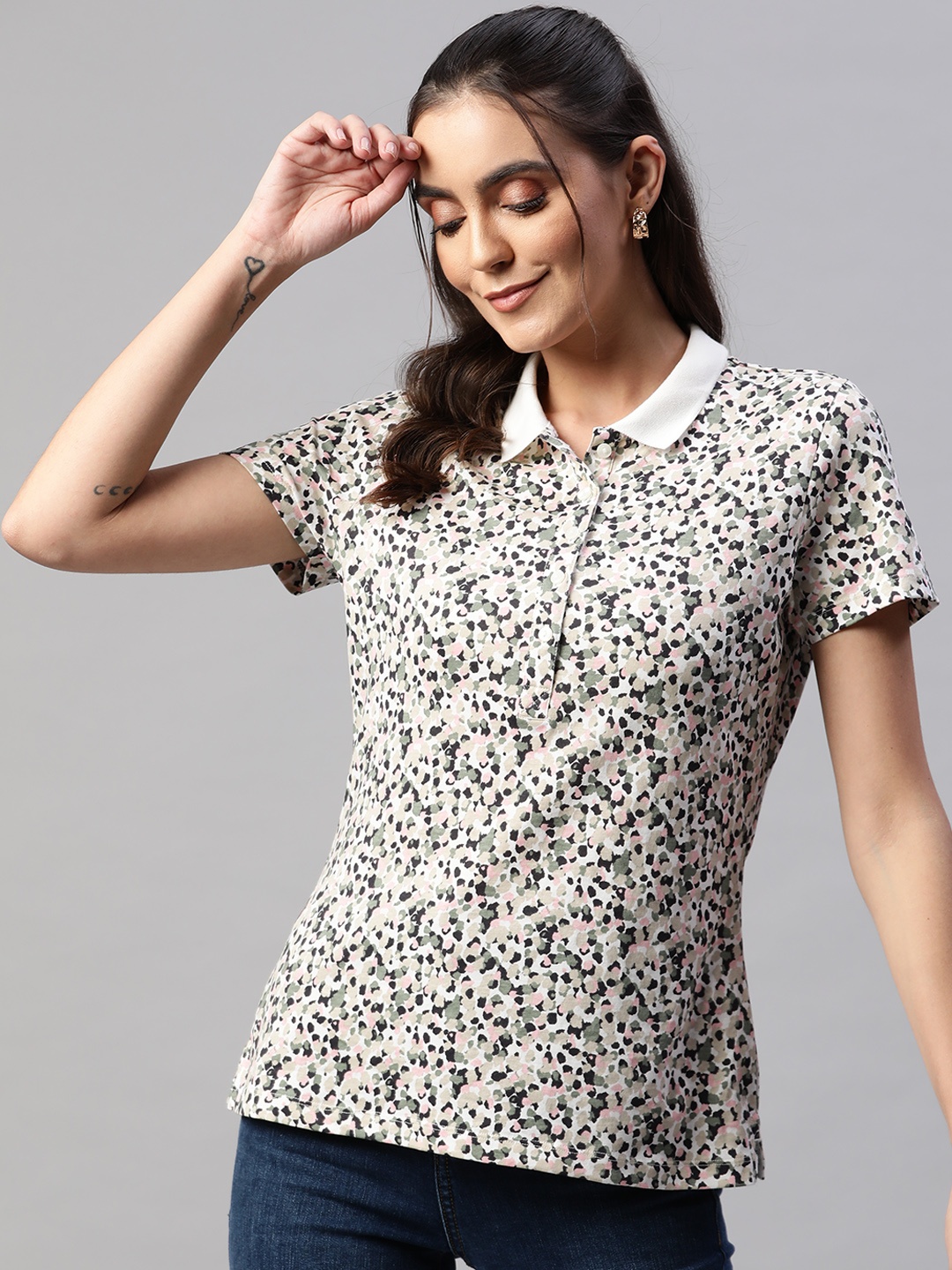 

Marks & Spencer Women Off White & Black Pure Cotton Printed Polo Collar T-shirt