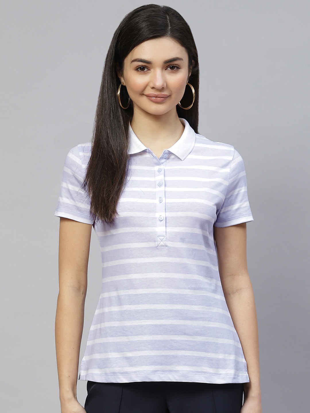 

Marks & Spencer Women Lavender & White Striped Polo Collar Pure Cotton T-shirt