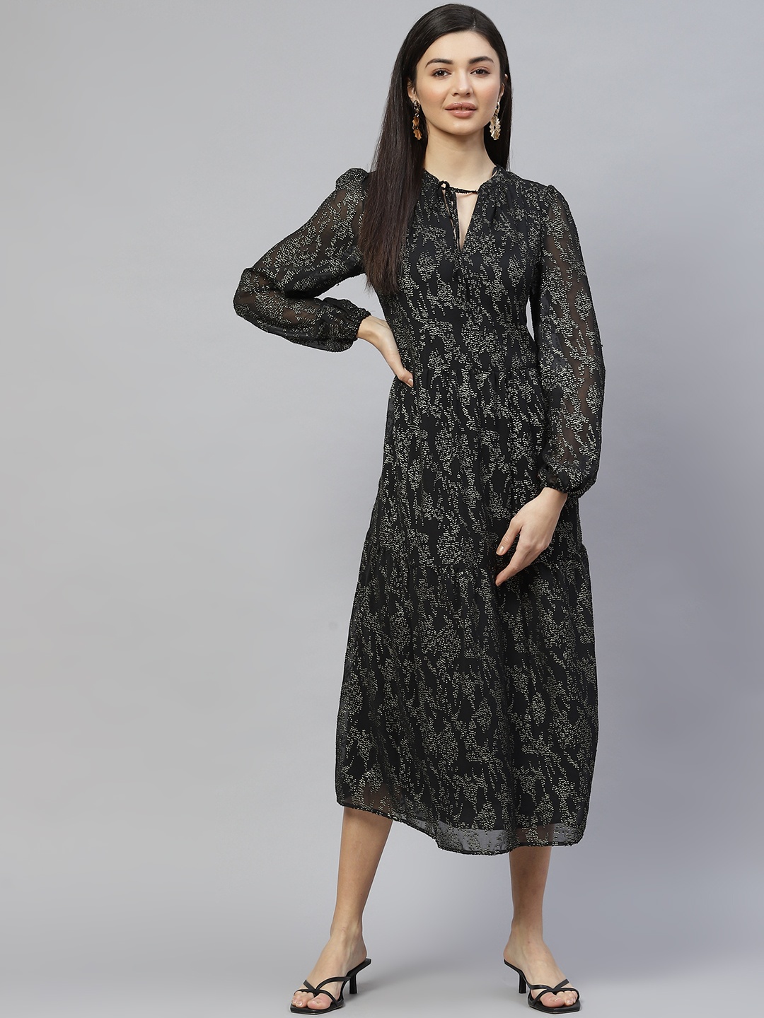 

Marks & Spencer Black & Golden Tie-Up Neck A-Line Midi Dress