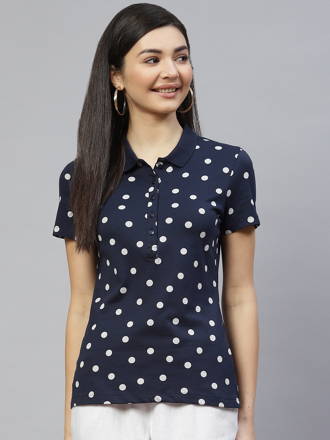 

Marks & Spencer Women Navy Blue & White Printed Polo Collar Pure Cotton T-shirt