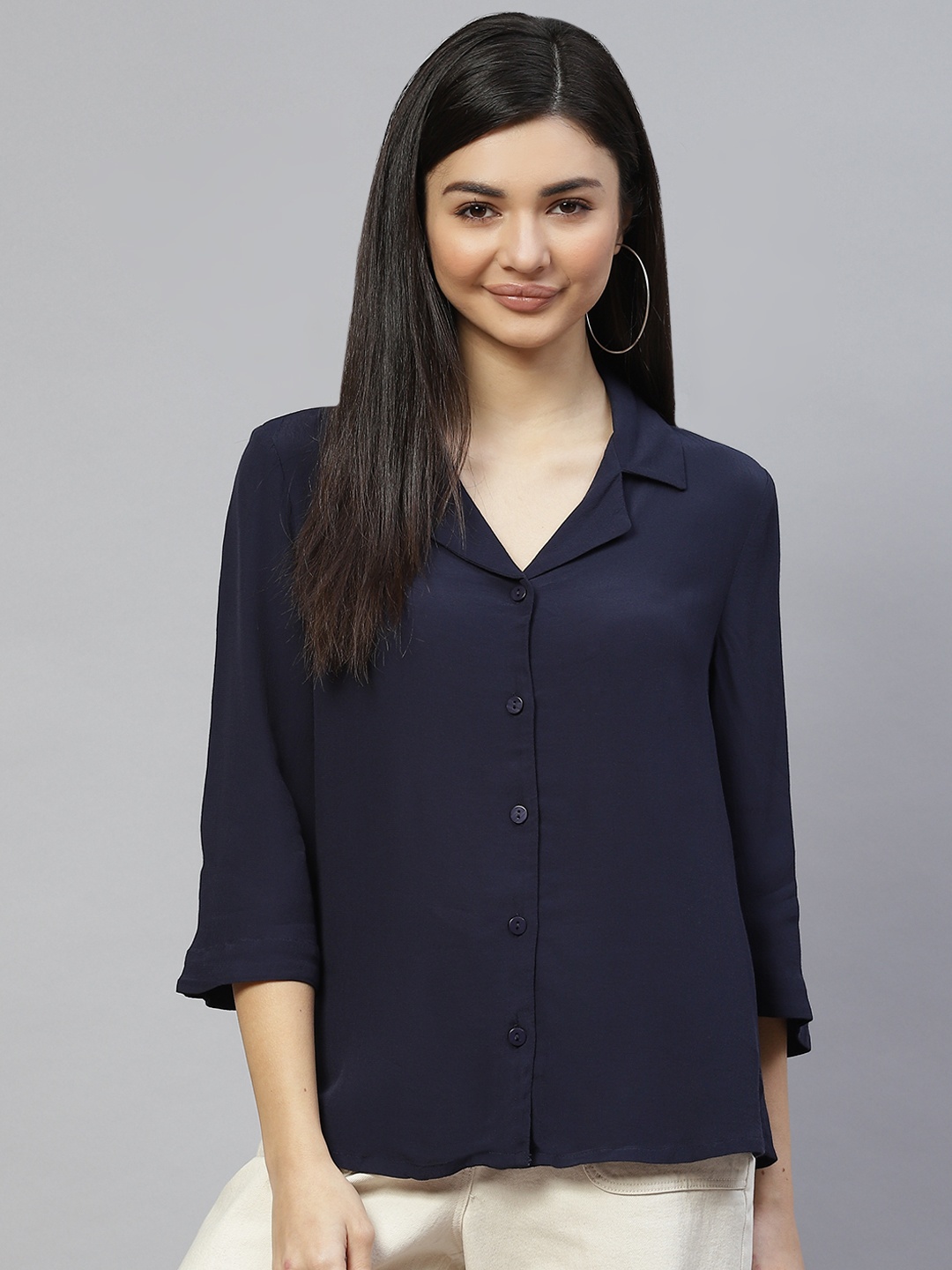 

Marks & Spencer Women Navy Blue Solid Casual Shirt