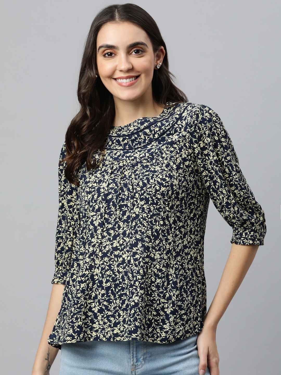 

Marks & Spencer Navy Blue & Yellow Floral Print Top