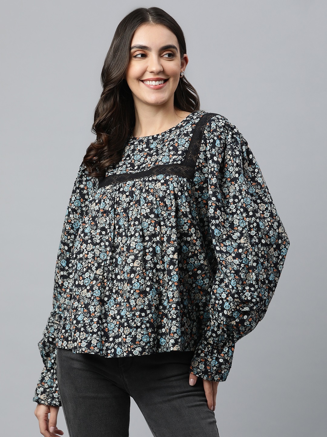 

Marks & Spencer Black Floral Print Bishop Sleeves Top