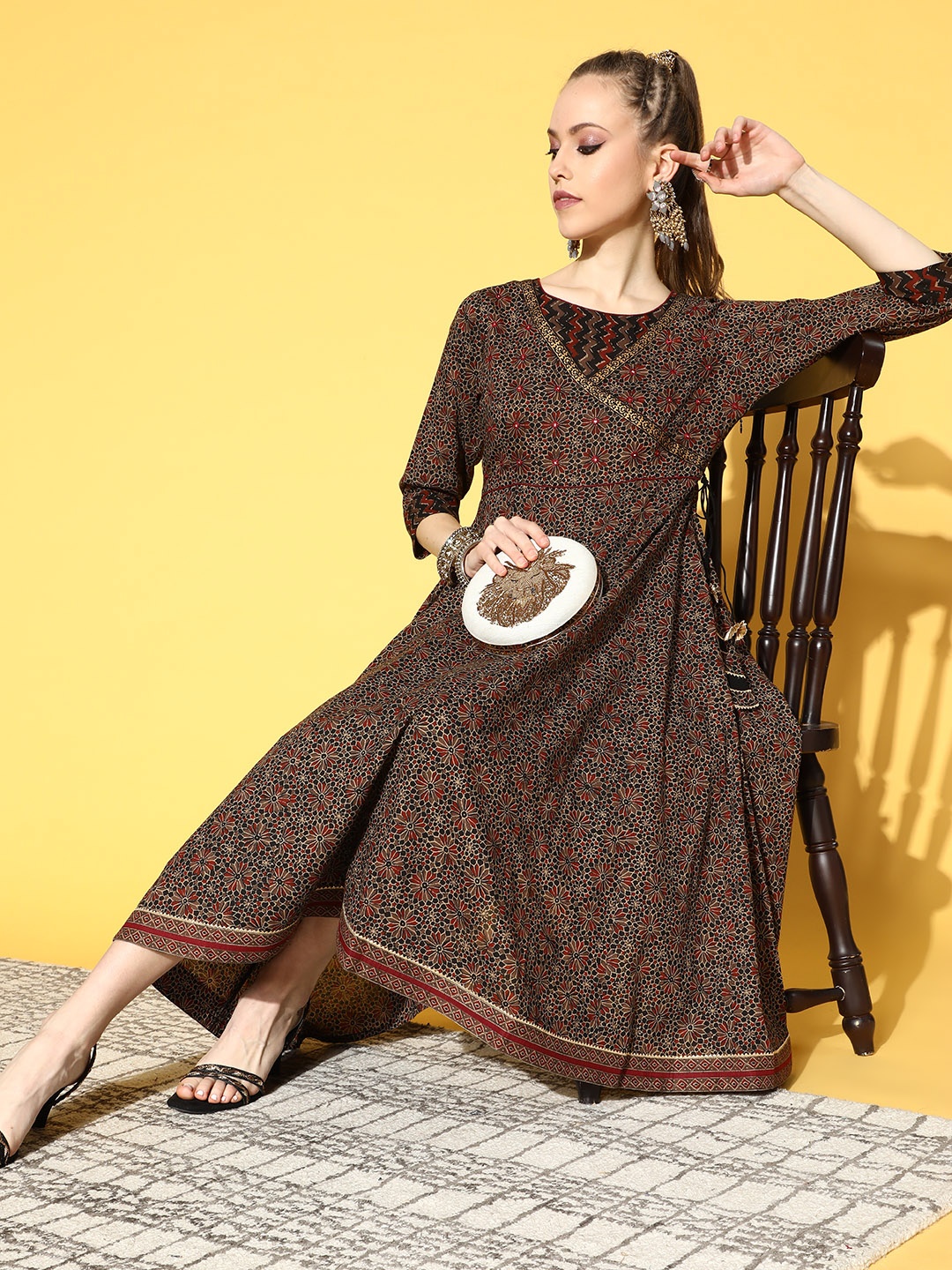 

STREET 9 Floral Pure Cotton Angrakha Kurta Set, Brown