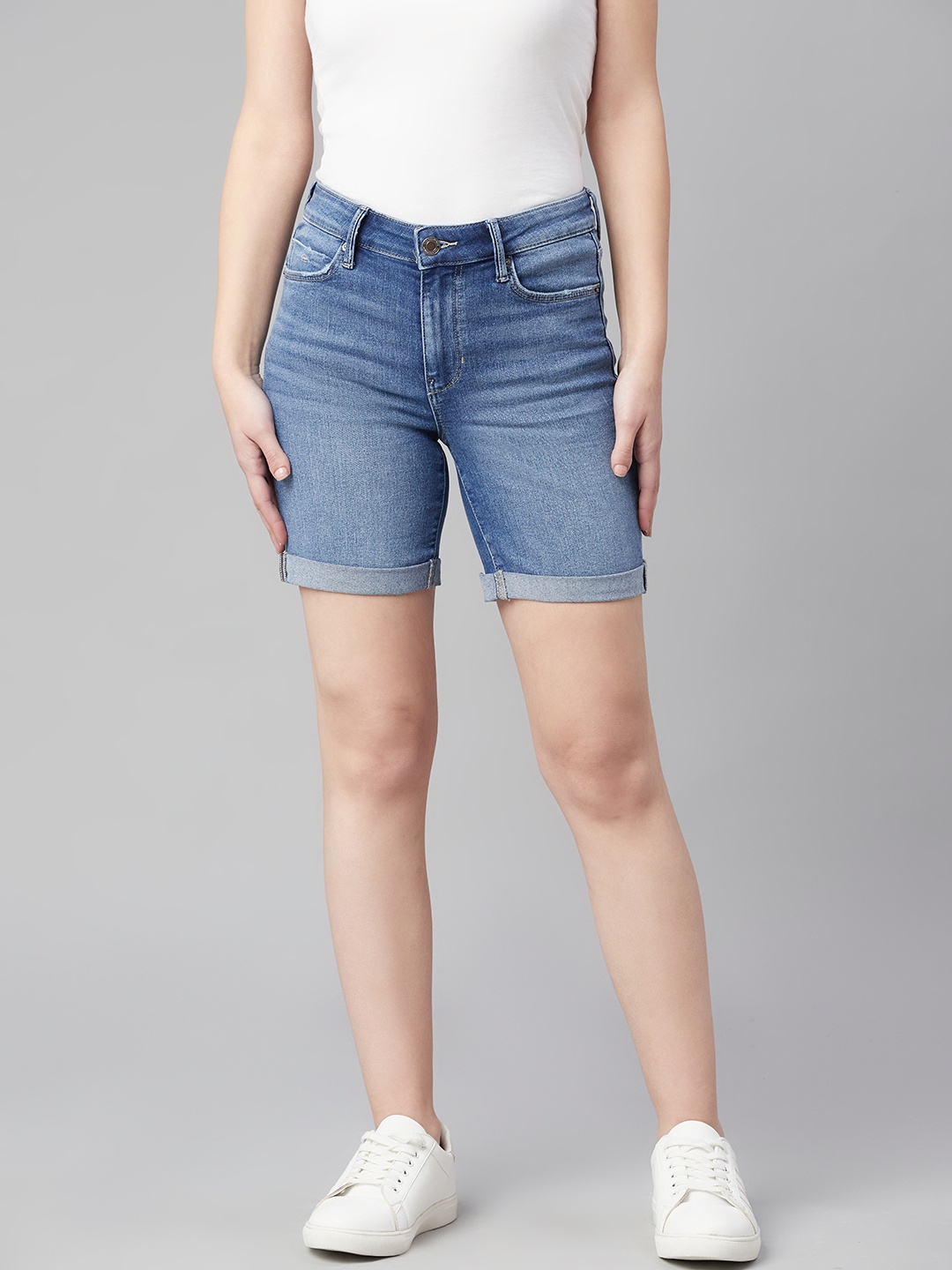 

Marks & Spencer Women Blue Solid Boyfriend Fit Denim Shorts