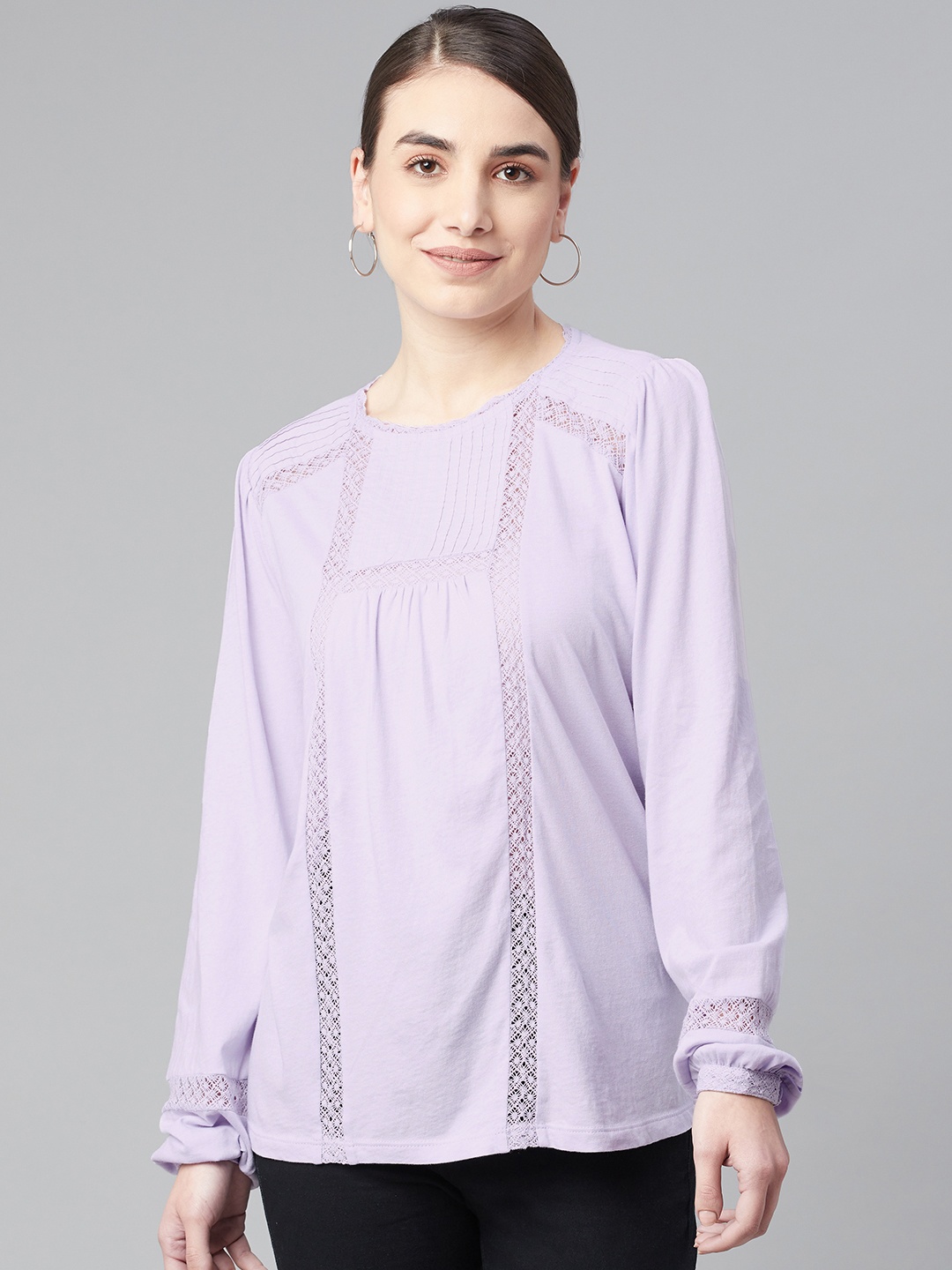 

Marks & Spencer Women Lavender Pure Cotton Solid Top With Lace Inserts