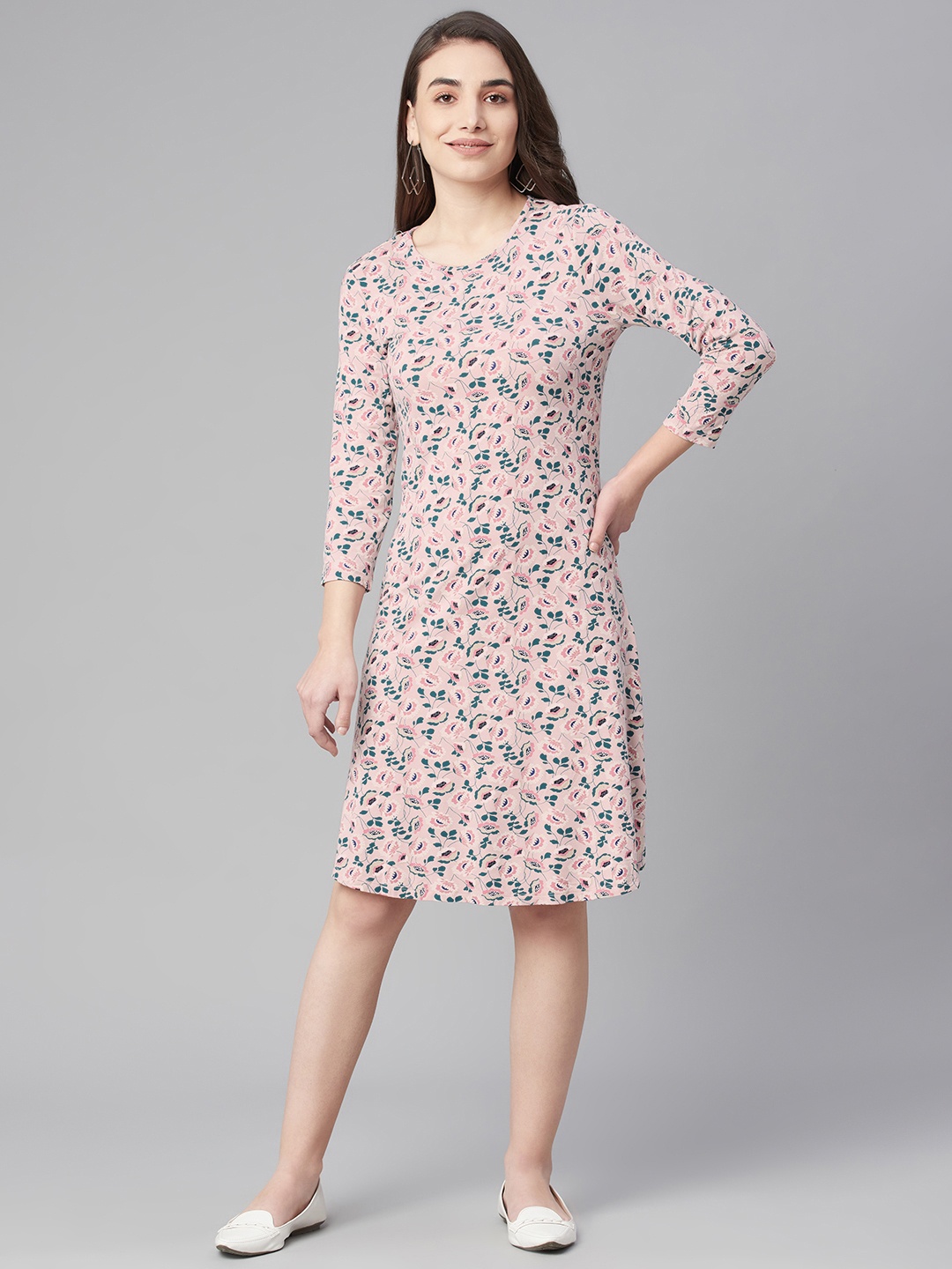 

Marks & Spencer Women Pink & Green Floral Printed A-Line Dress