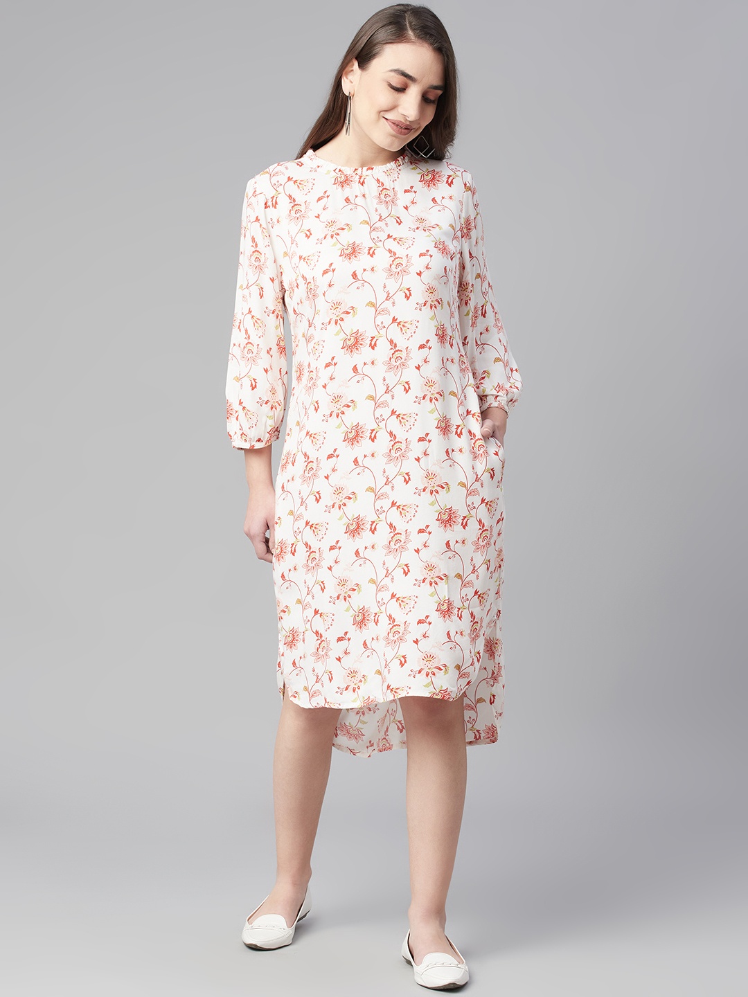 

Marks & Spencer Women White & Red Floral Printed A-Line Dress