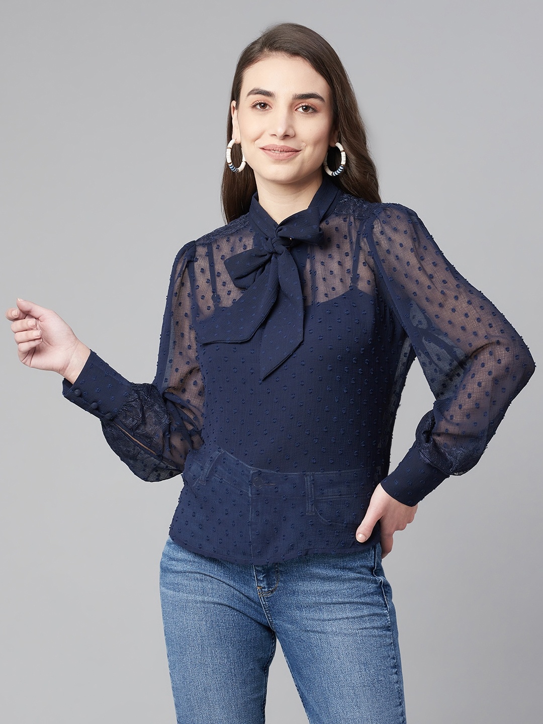 

Marks & Spencer Women Navy Blue Tie-Up Neck Dobby Weave Top With Lace Inserts