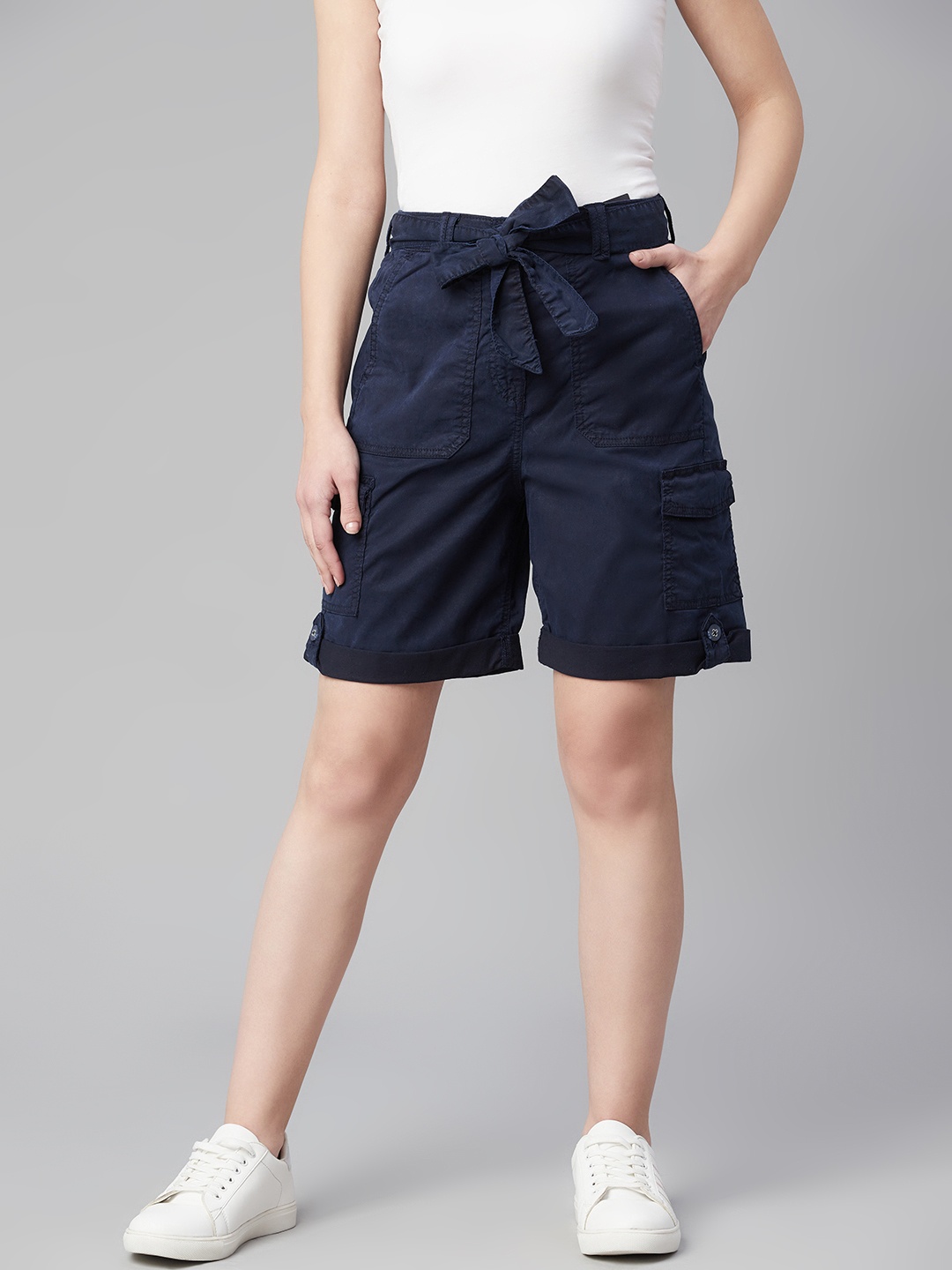 

Marks & Spencer Women Navy Blue Solid Cargo Shorts Comes With a Belt