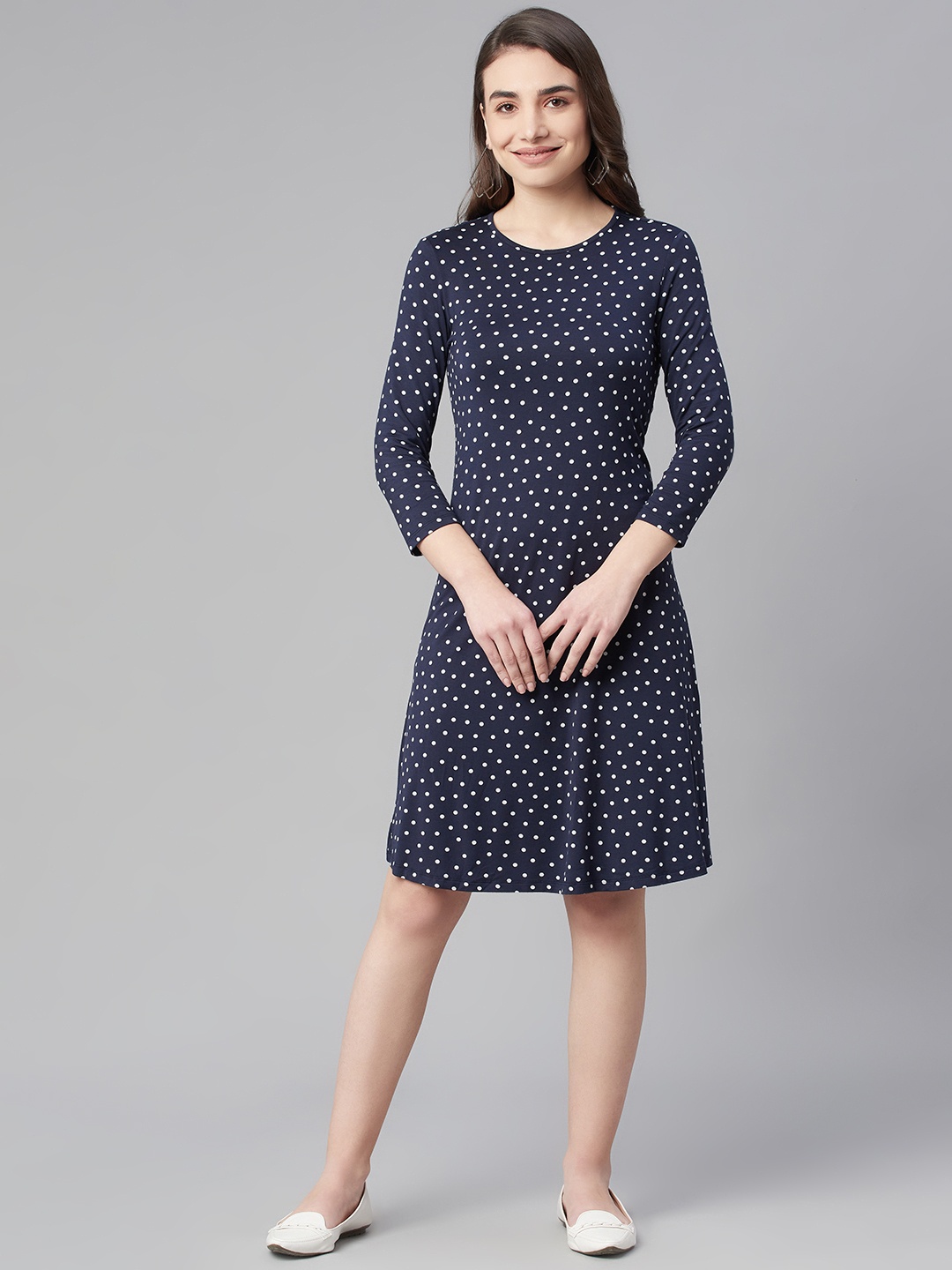 

Marks & Spencer Women Navy Blue & White Polka Dots Printed A-Line Dress