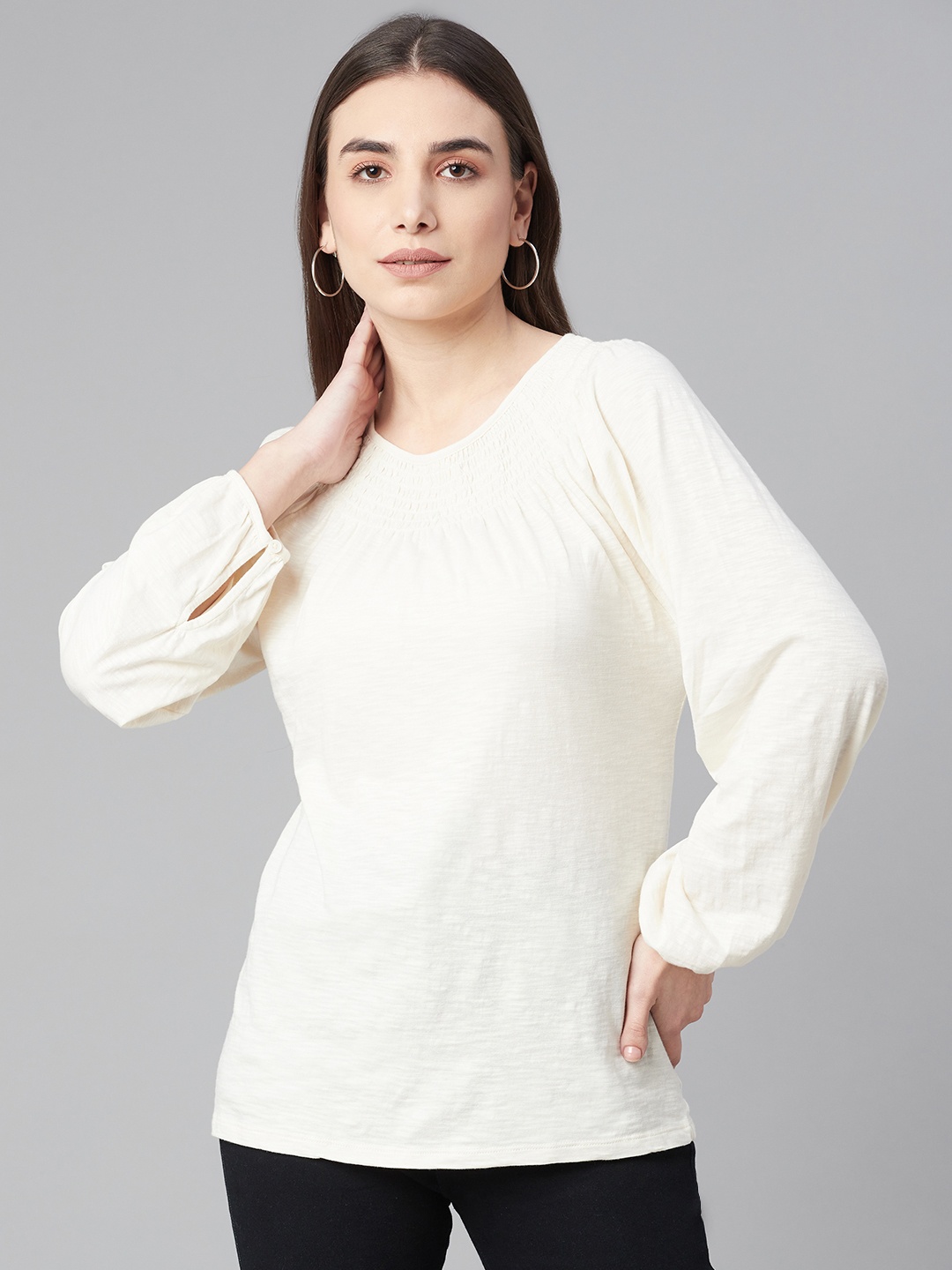 

Marks & Spencer Women Off White Pure Cotton Solid Smocked Top