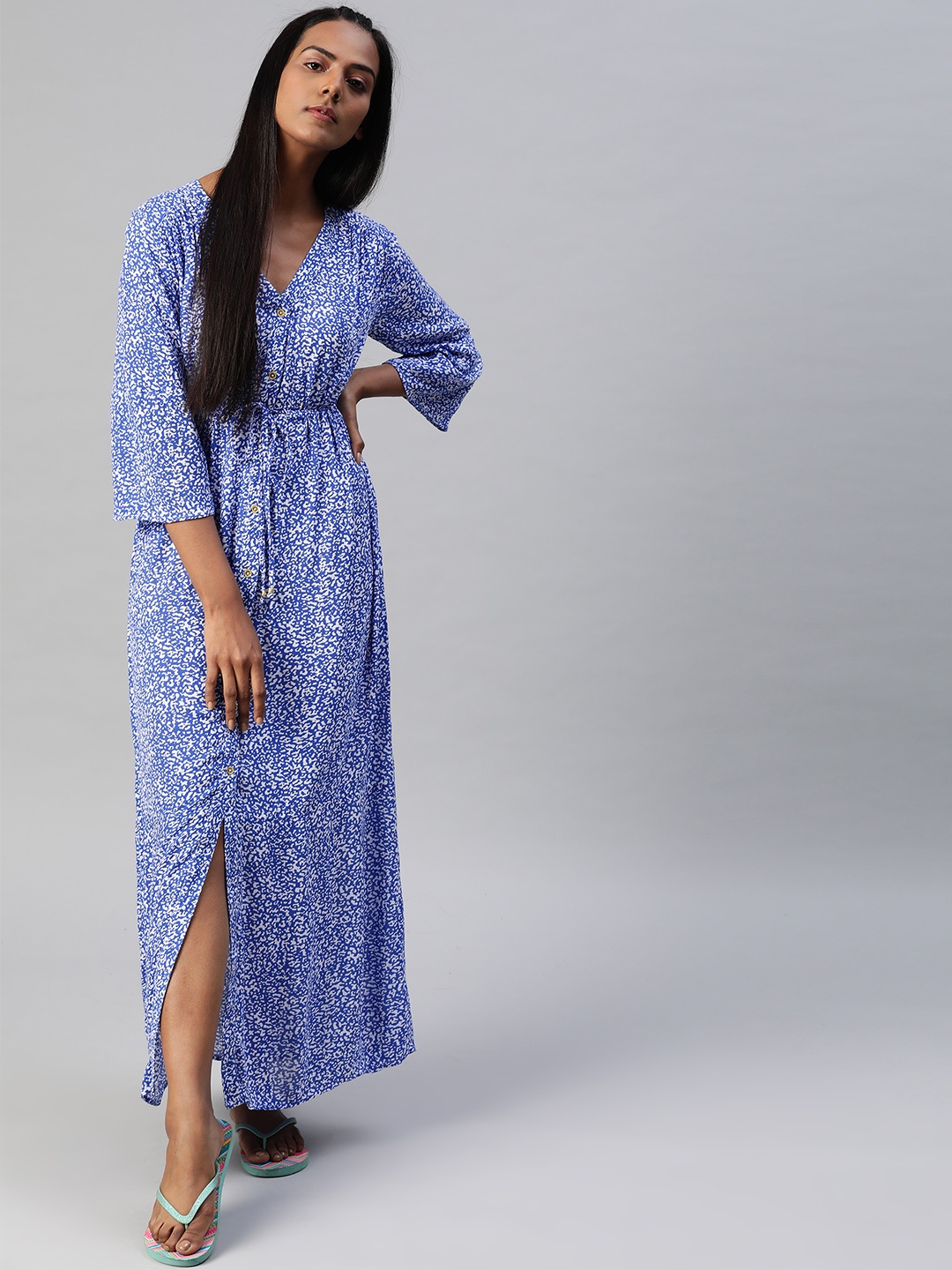 

Marks & Spencer Blue & White Shirred Maxi Cover-Up Dress with Waist Tie-Up
