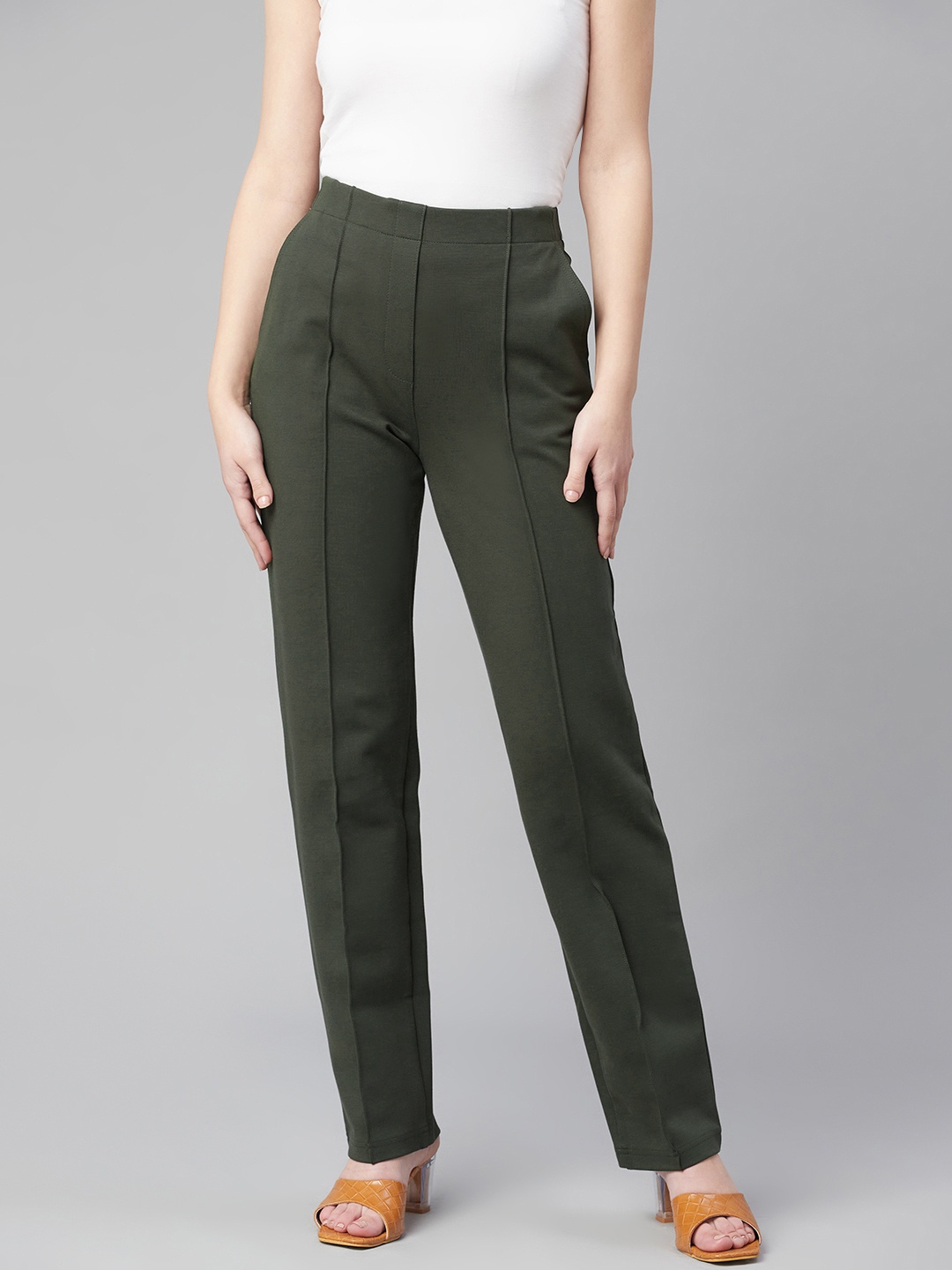 

Marks & Spencer Women Olive Green Solid Straight Leg Jersey Regular Trousers