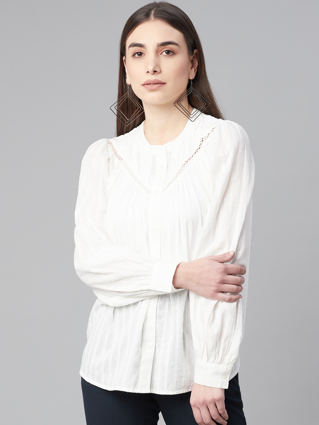 

Marks & Spencer White Pure Cotton Self-Striped Dobby Weave Victorian Shirt Style Top