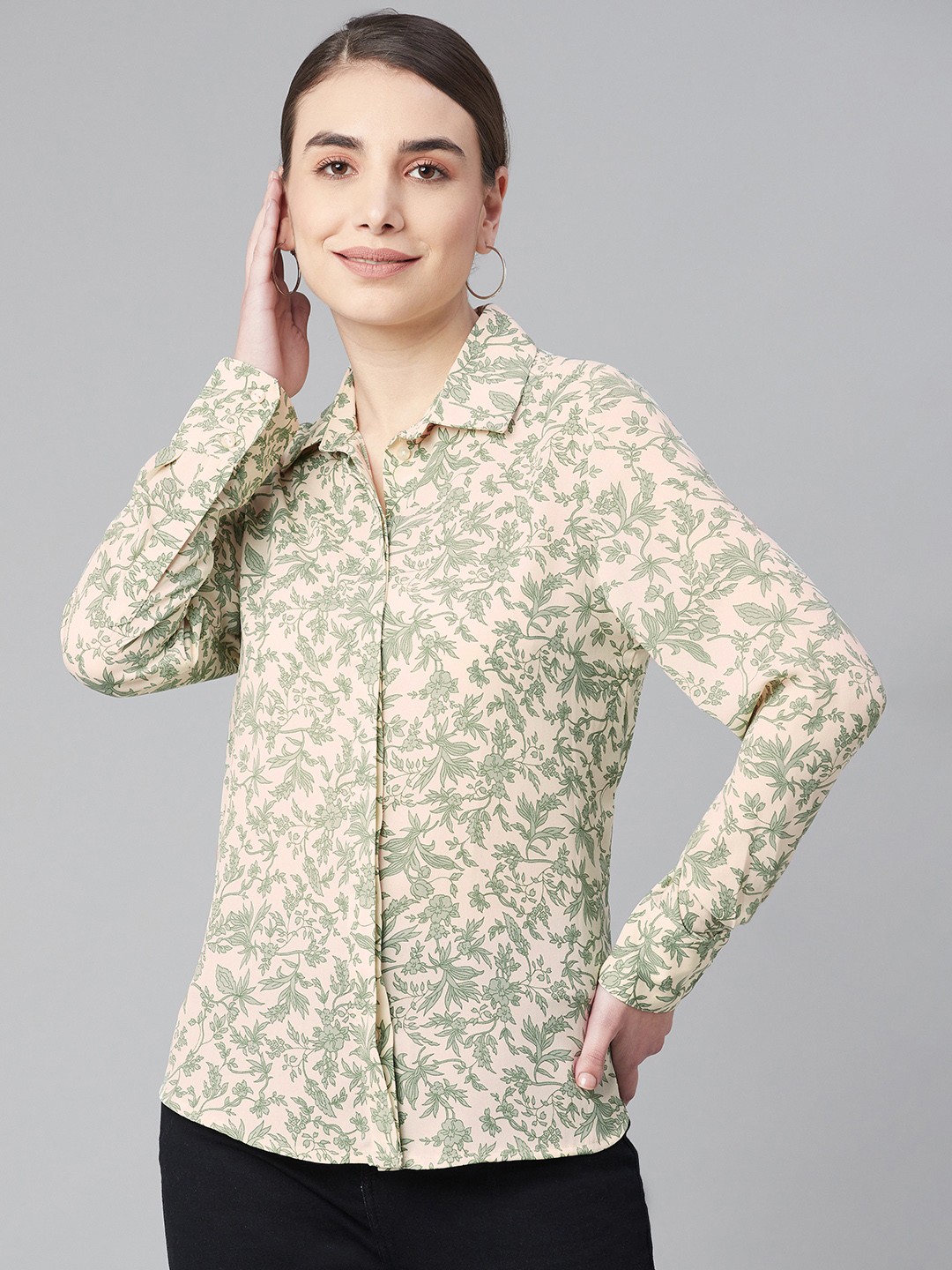 

Marks & Spencer Women Green & Off-White Floral Printed Semi-Formal Shirt