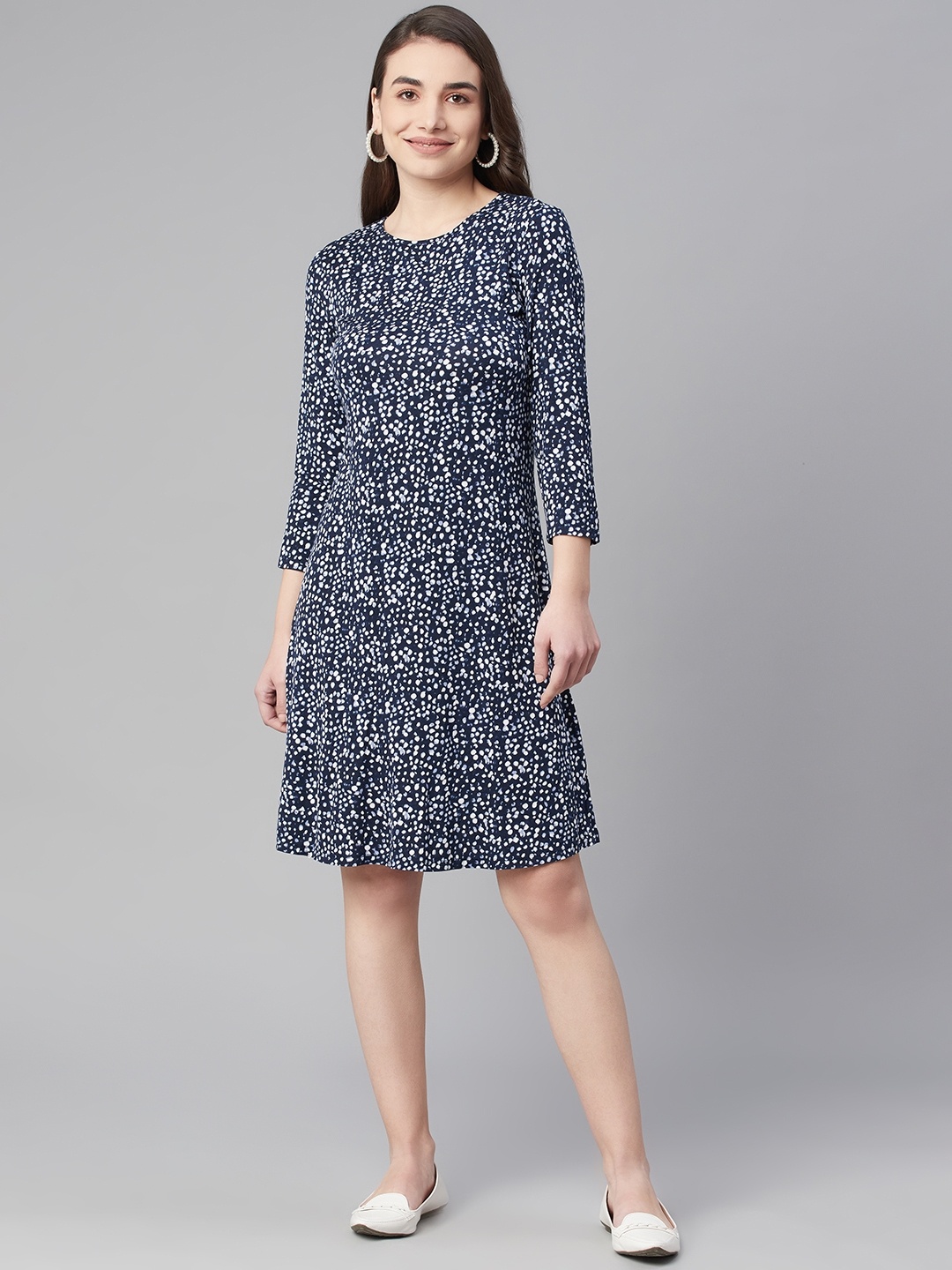 

Marks & Spencer Navy Blue & White Printed A-Line Jersey Dress