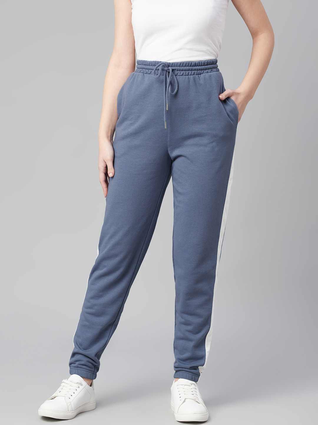 

Marks & Spencer Women Blue Solid Joggers with Side Contrast Panelling