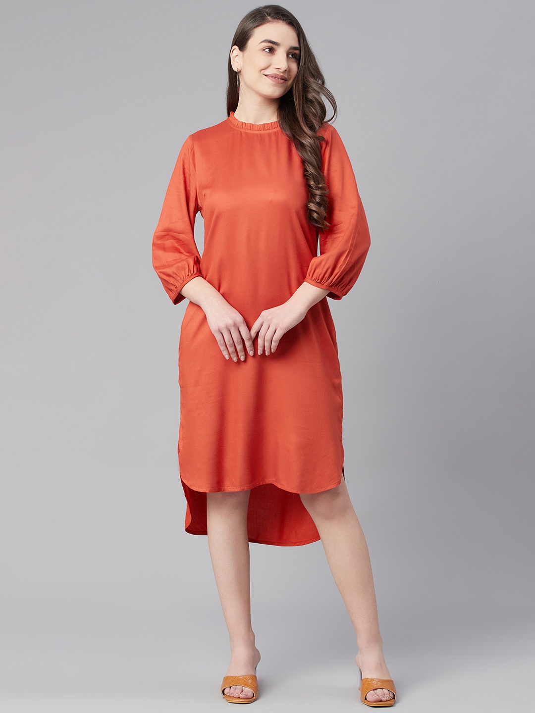 

Marks & Spencer Rust Orange Solid High-Low Hem A-Line Midi Dress