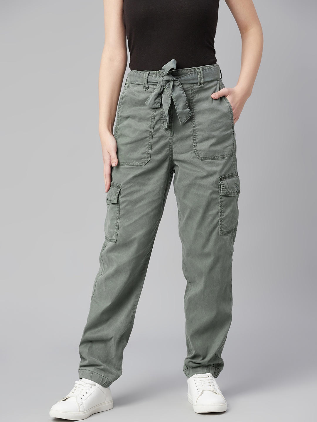 

Marks & Spencer Women Olive Green Solid Cargo Joggers with Belt