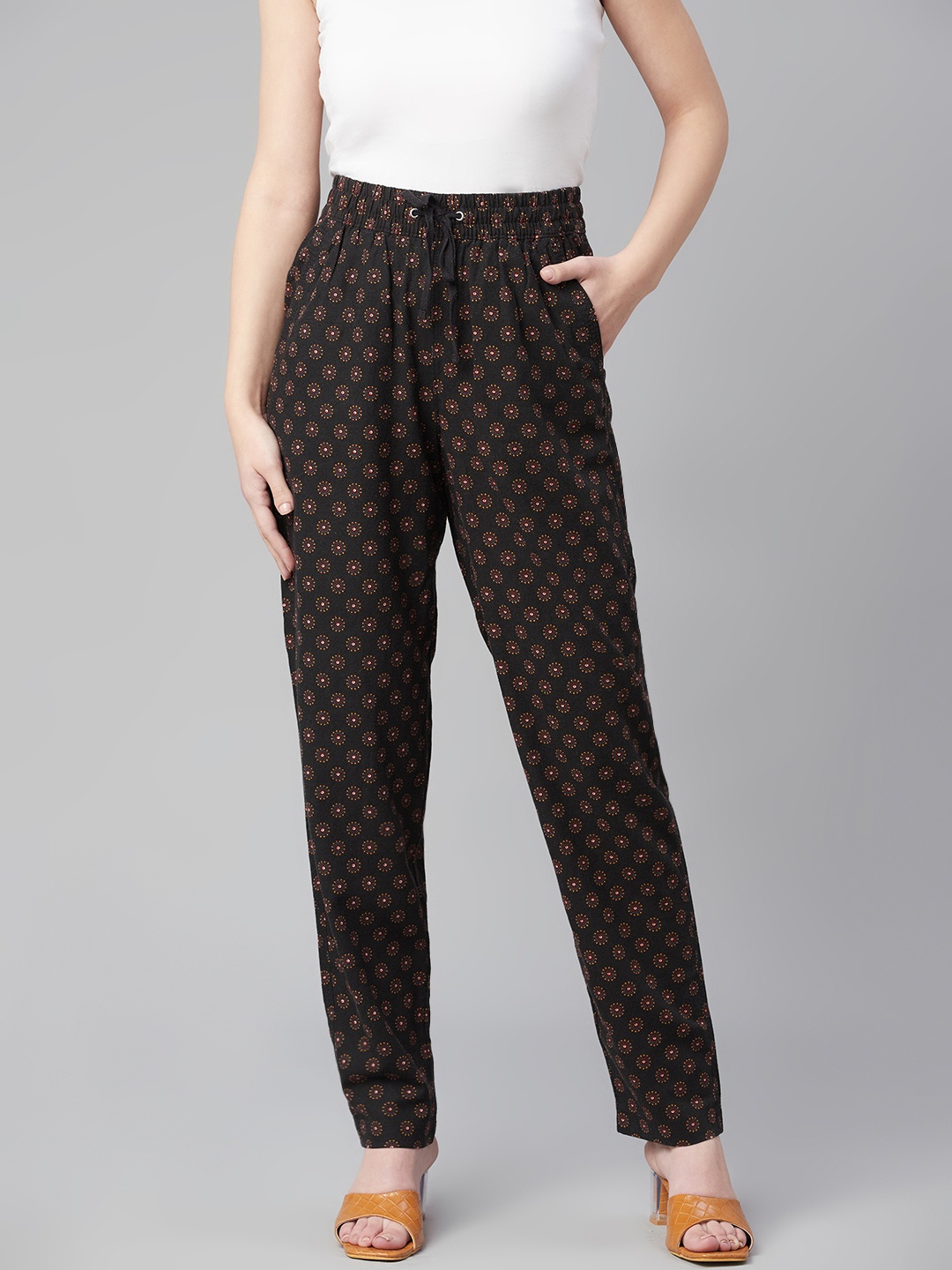 

Marks & Spencer Women Black & Maroon Easy Iron Ethnic Motifs Print Trousers