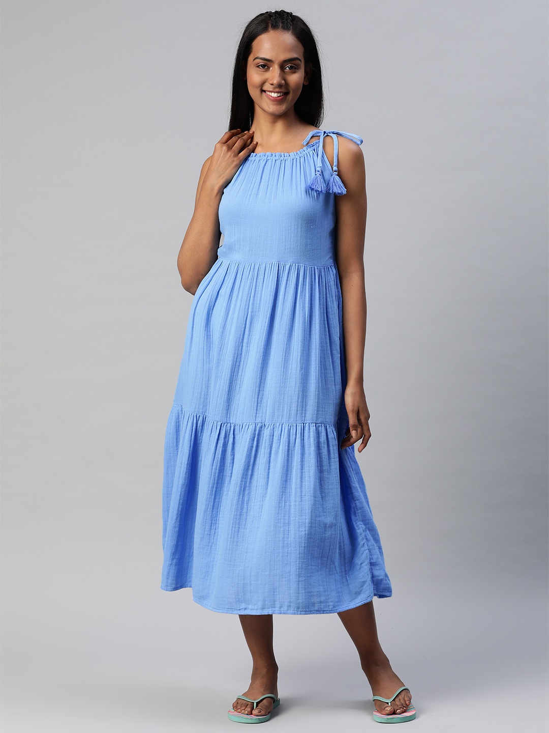 

Marks & Spencer Women Blue Pure Cotton Solid A-Line Midi Cover-Up Dress
