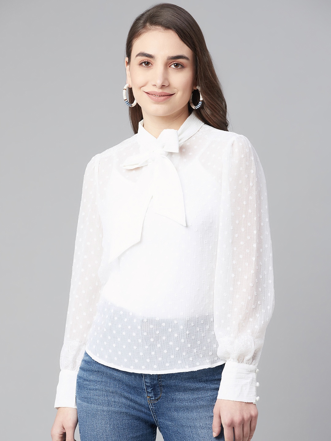 

Marks & Spencer White Sheer Dobby Weave Tie-Up Neck Victorian Top with Lace Detail
