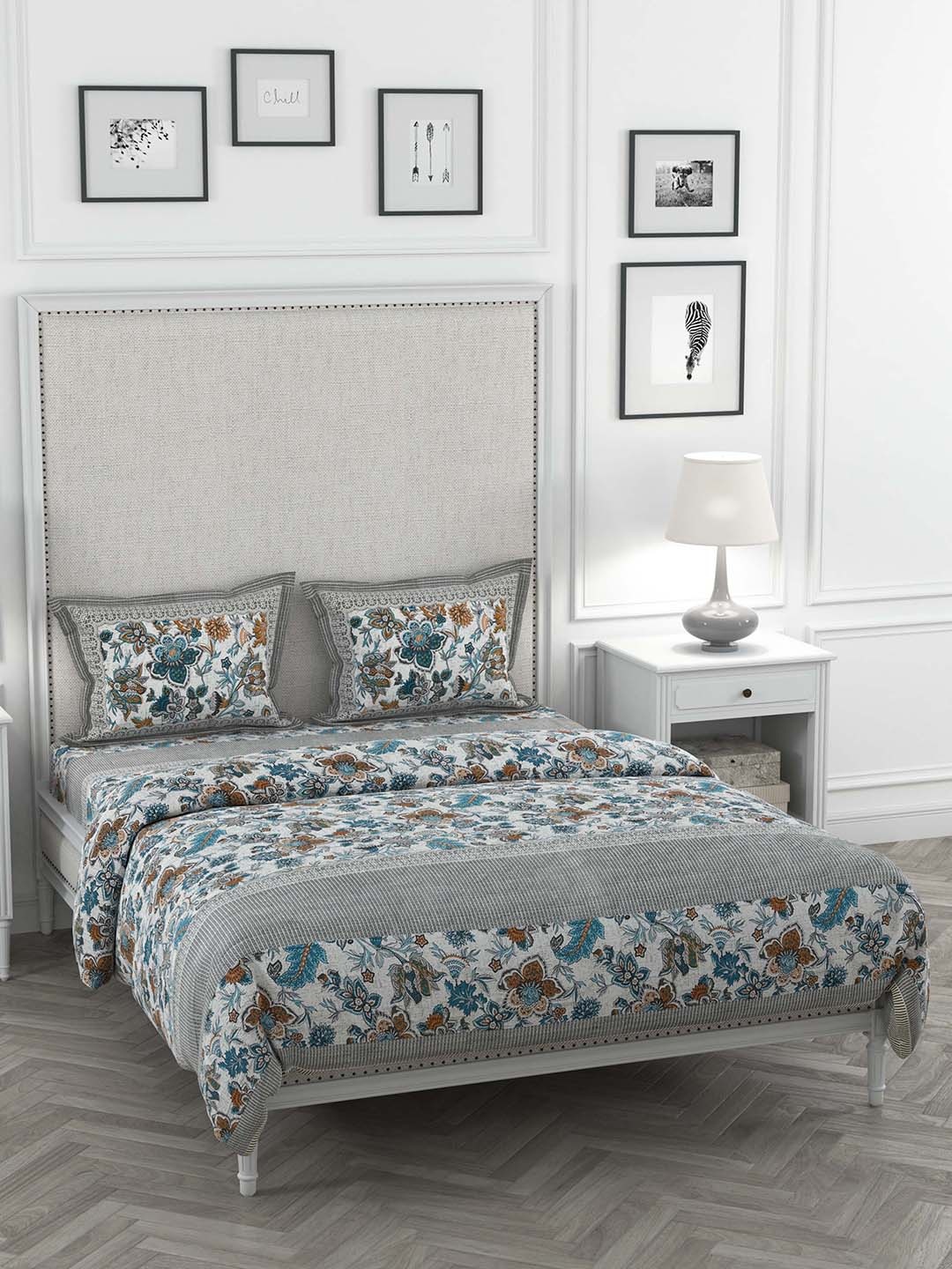 

JAIPUR FABRIC White & Grey Printed Cotton Bedding Set