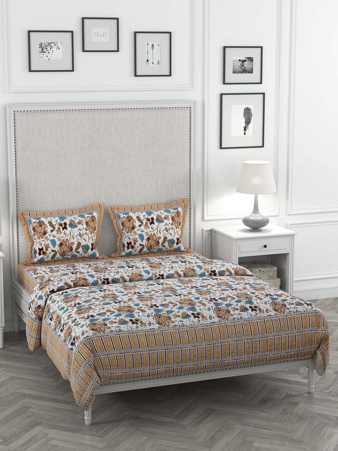 

JAIPUR FABRIC White & Beige Printed Cotton Bedding Set