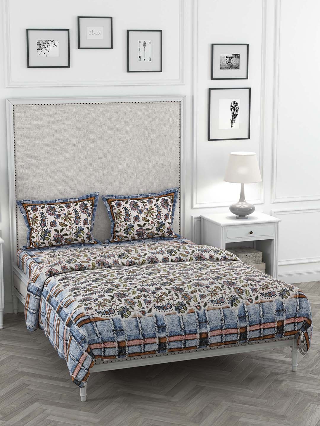 

JAIPUR FABRIC Blue & White Printed Double King Bedding Set