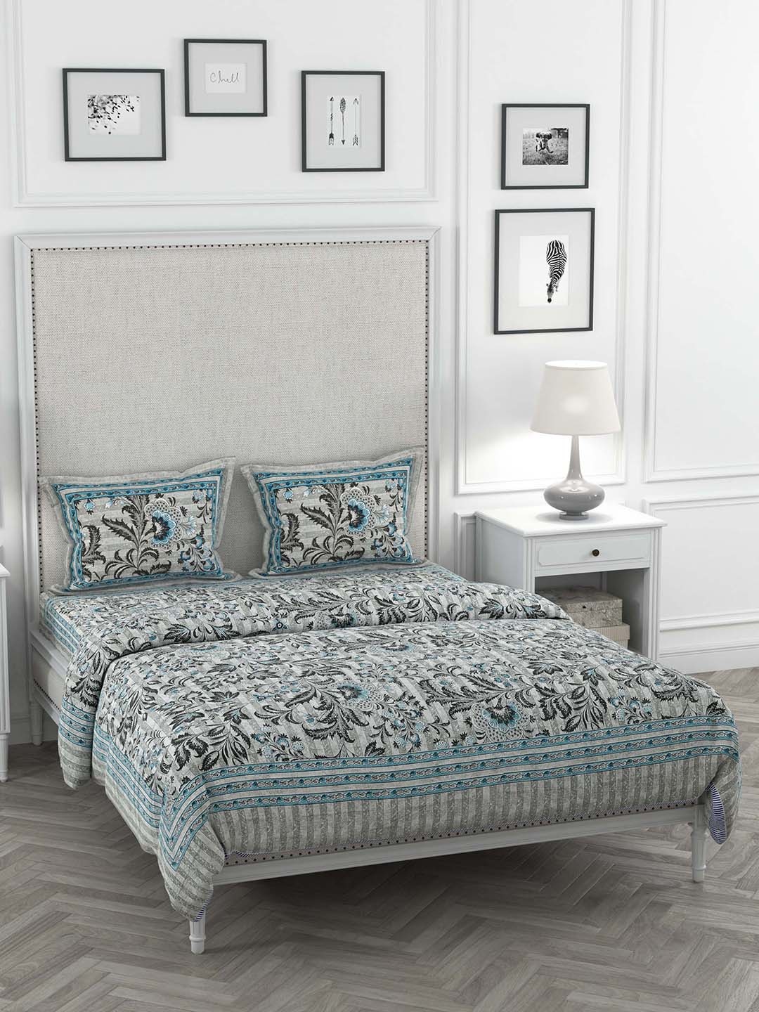 

JAIPUR FABRIC Blue & White Floral Printed Double King Bedding Set With Dohar & Pillow Cover
