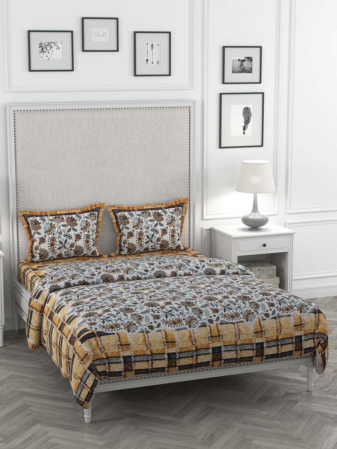 

JAIPUR FABRIC Yellow & White Printed Double King Bedding Set
