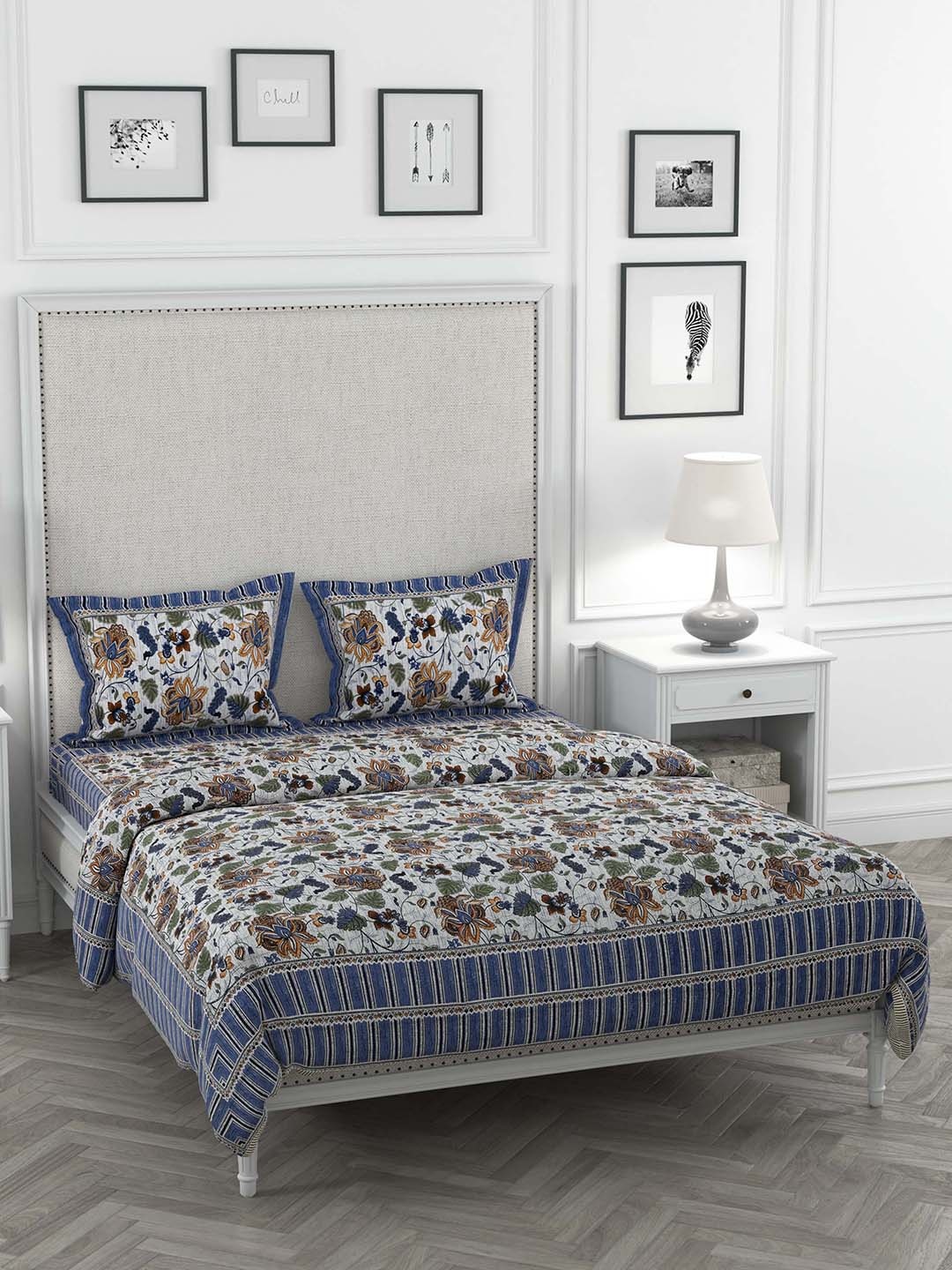 

JAIPUR FABRIC Blue & White Printed Double King Bedding Set