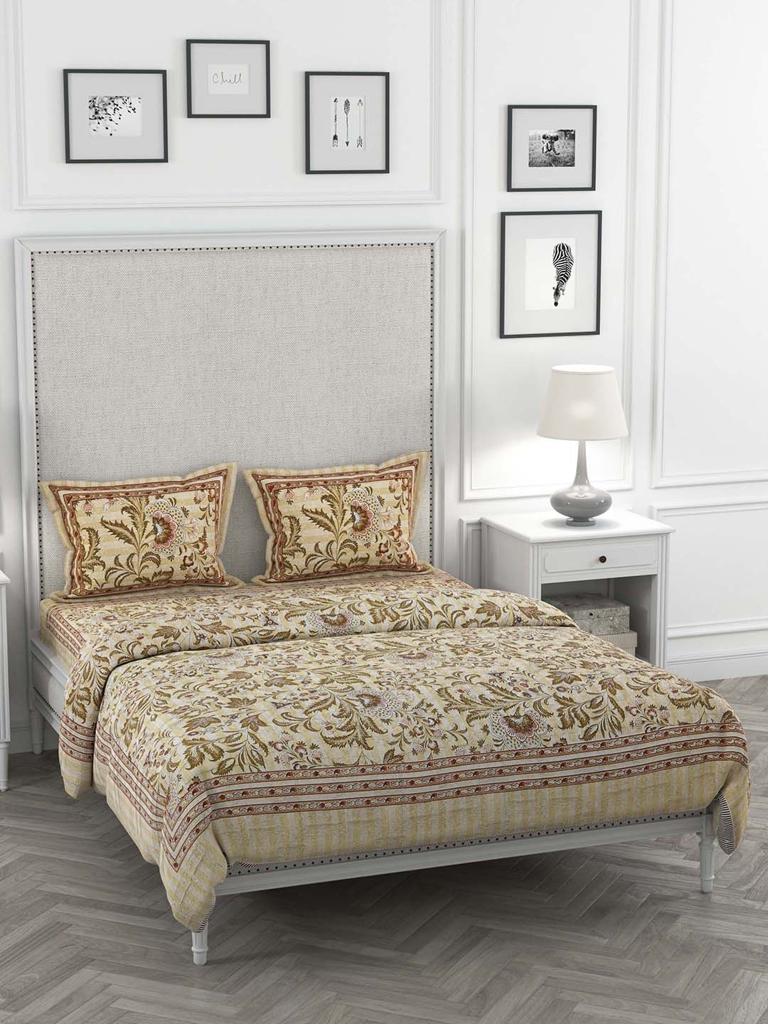 

JAIPUR FABRIC Gold Coloured & Blue Floral Printed Double King Bedding Set With Dohar & Pillow Cover