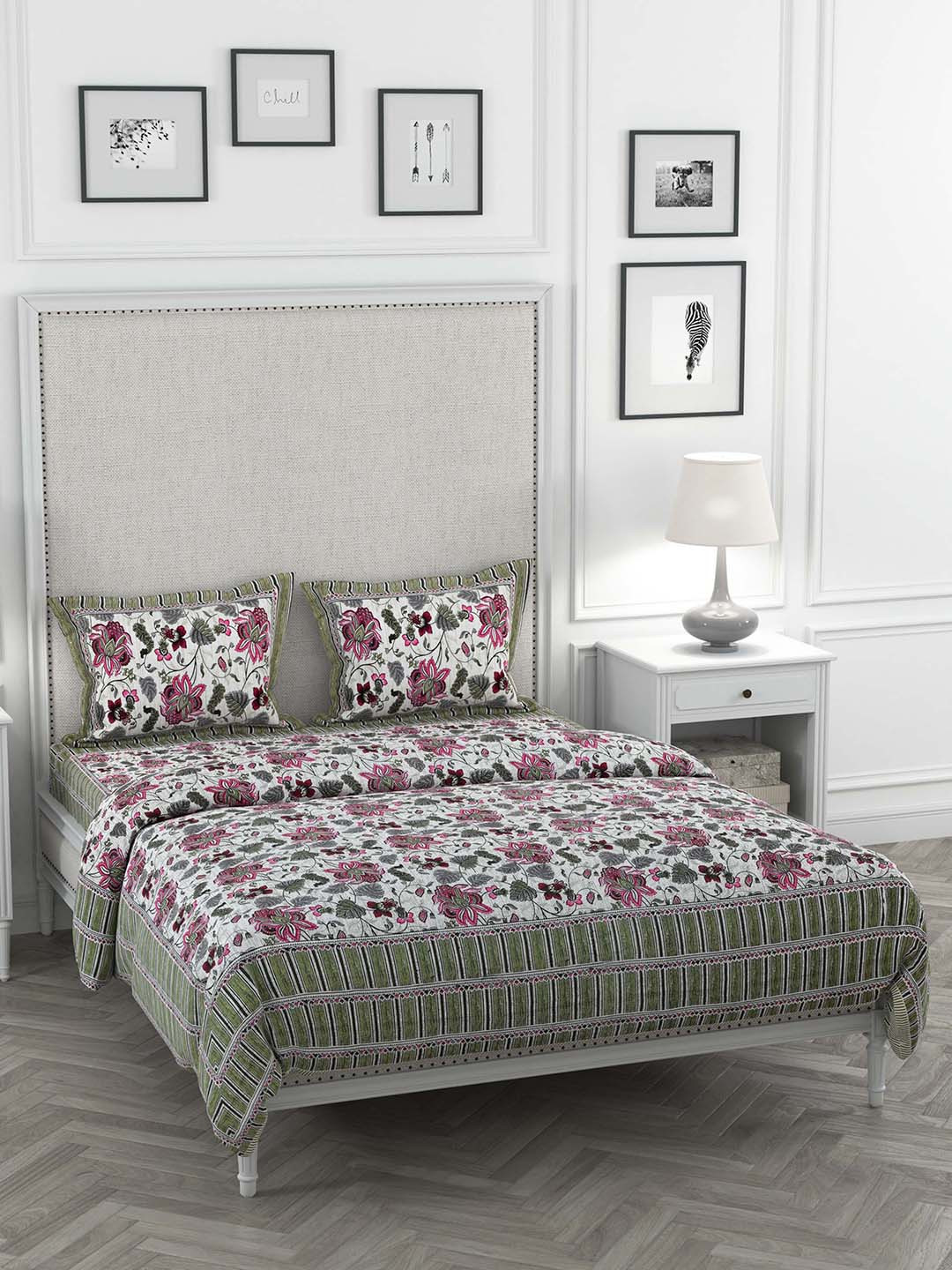 

JAIPUR FABRIC Green & White Printed Cotton Bedding Set