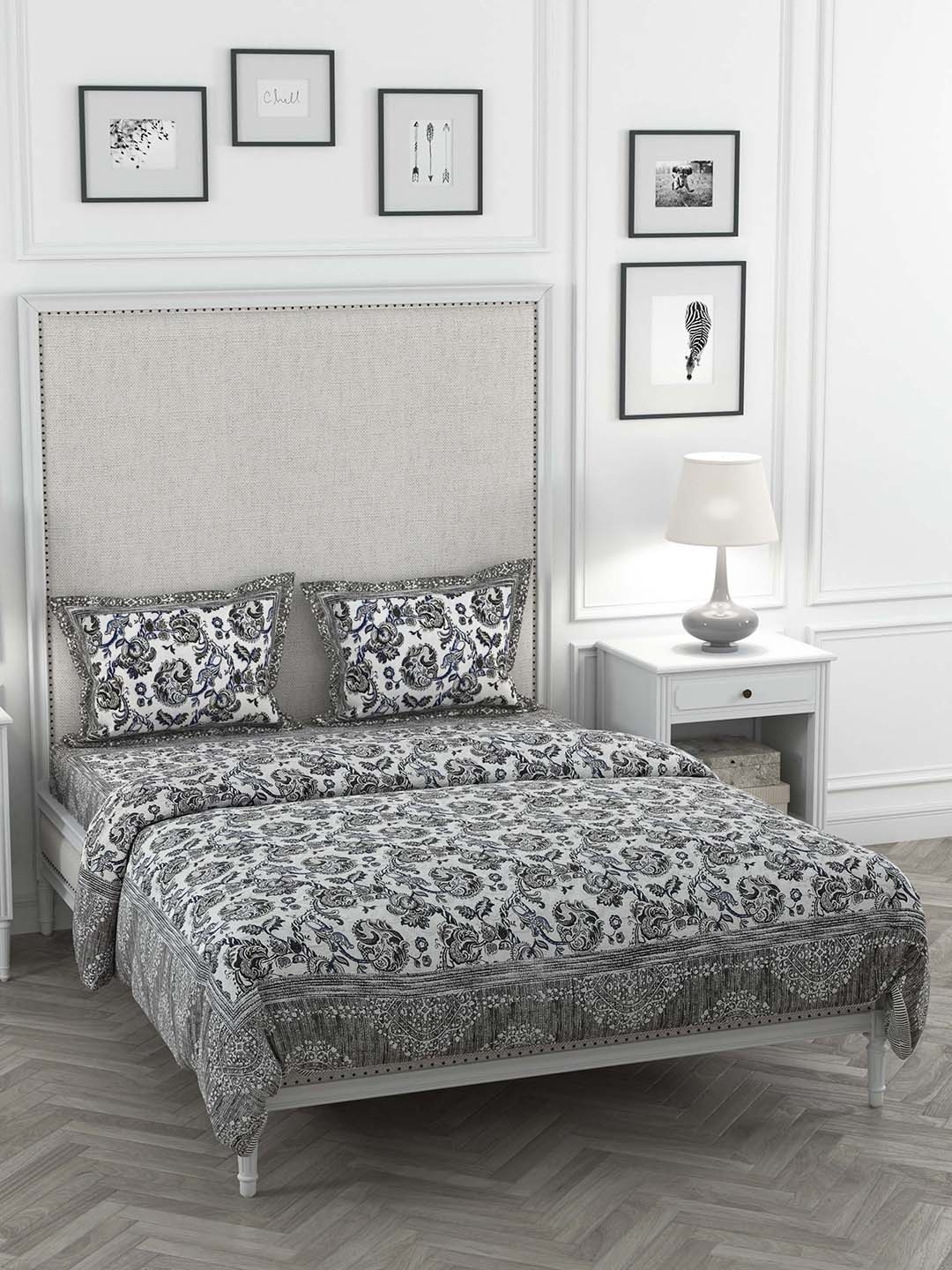 

JAIPUR FABRIC Grey & White Printed Cotton Bedding Set