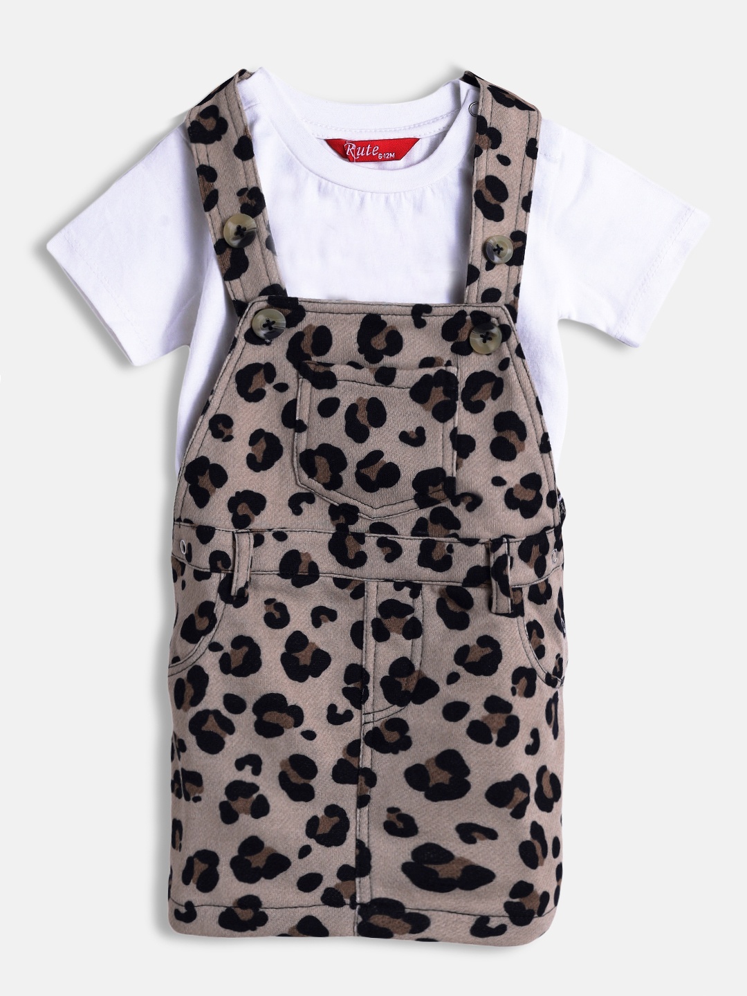 

Rute Girls White & Beige Pure Cotton T-shirt with Leopard Printed Dungaree Skirt