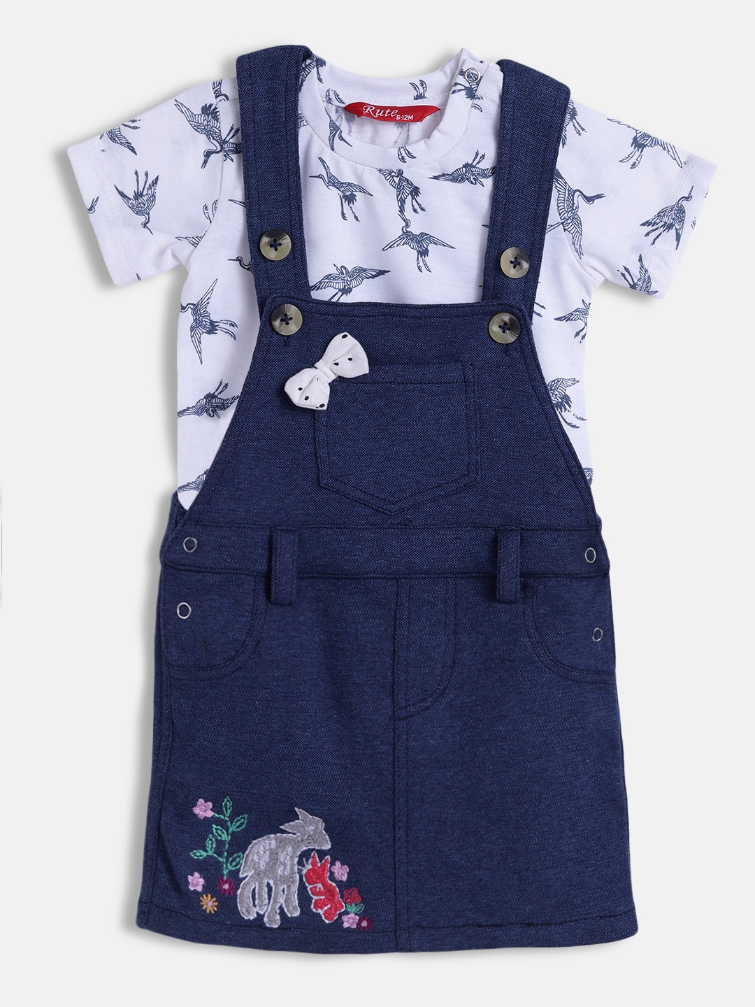 

Rute Girls Blue Printed Pure Cotton T-shirt with Dungaree Skirt