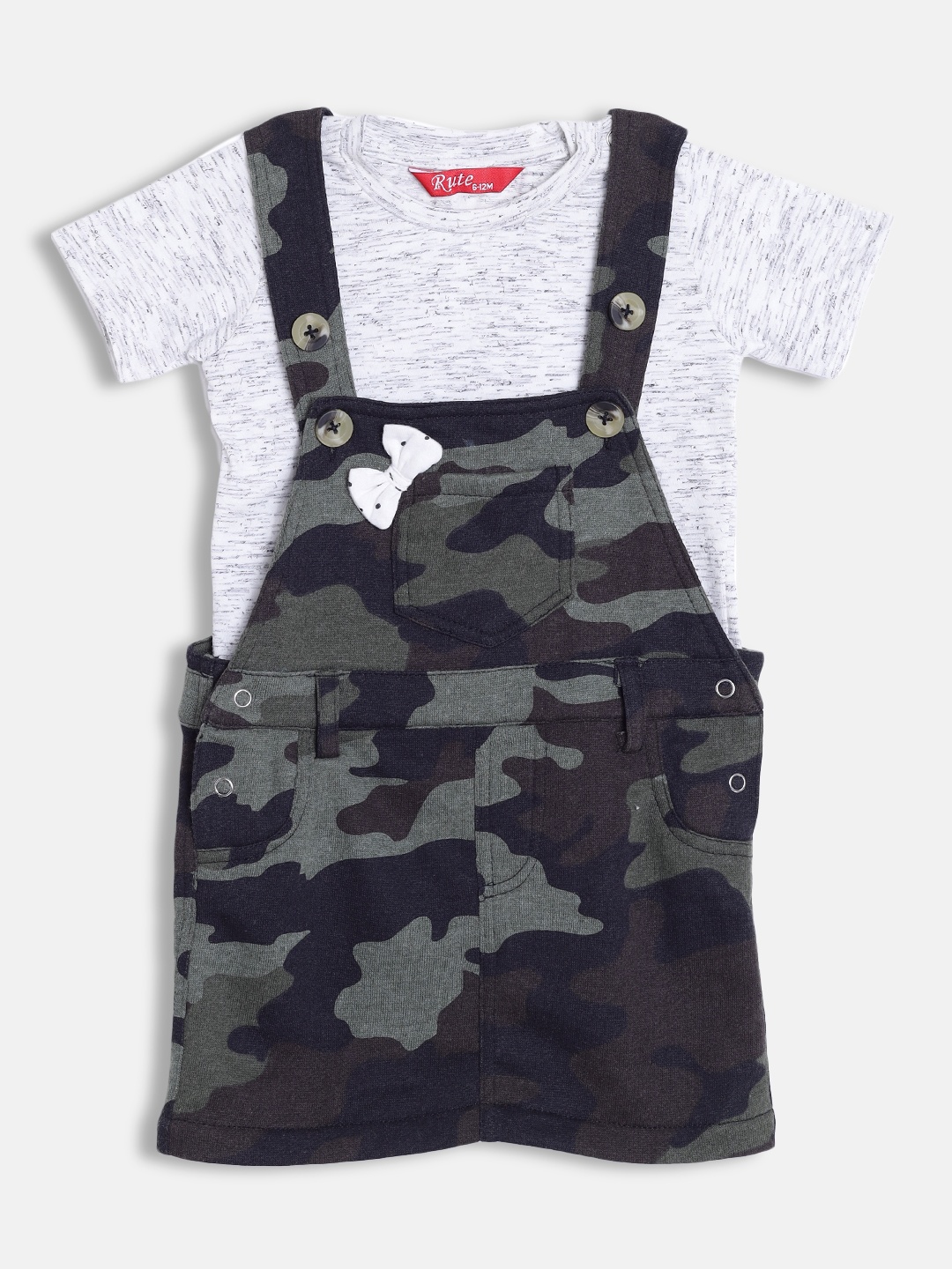 

Rute Girls White & Beige Printed Pure Cotton T-shirt with Dungaree Skirt