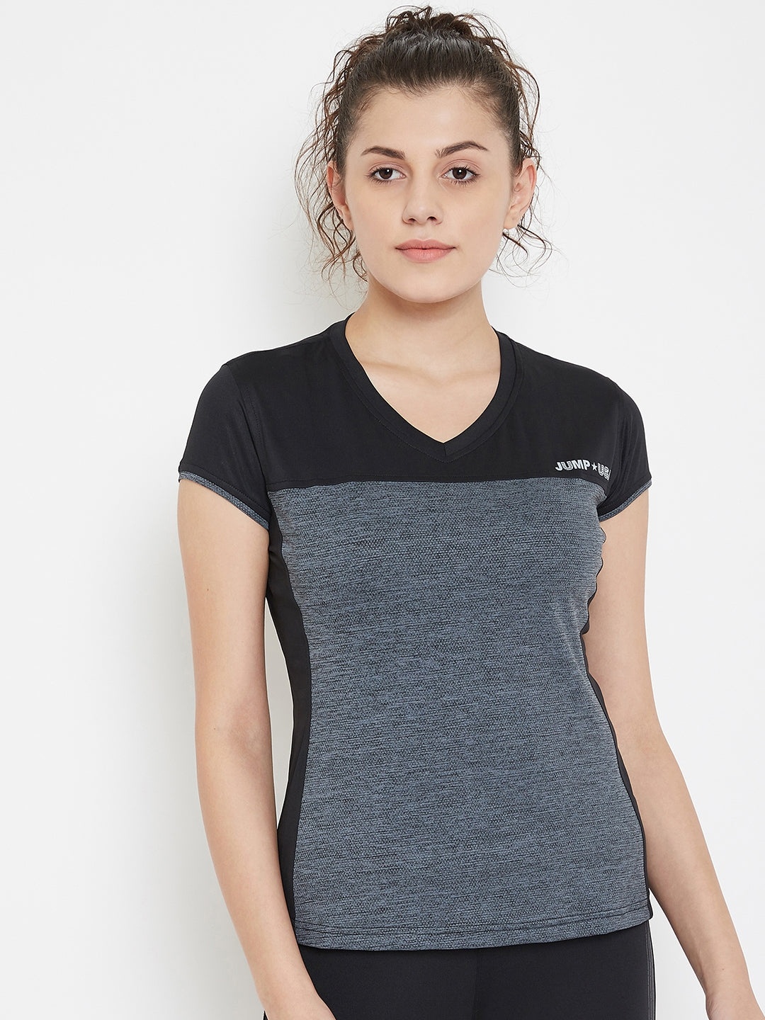 

JUMP USA Women Black & Grey Colourblocked Pure Cotton V-Neck T-shirt